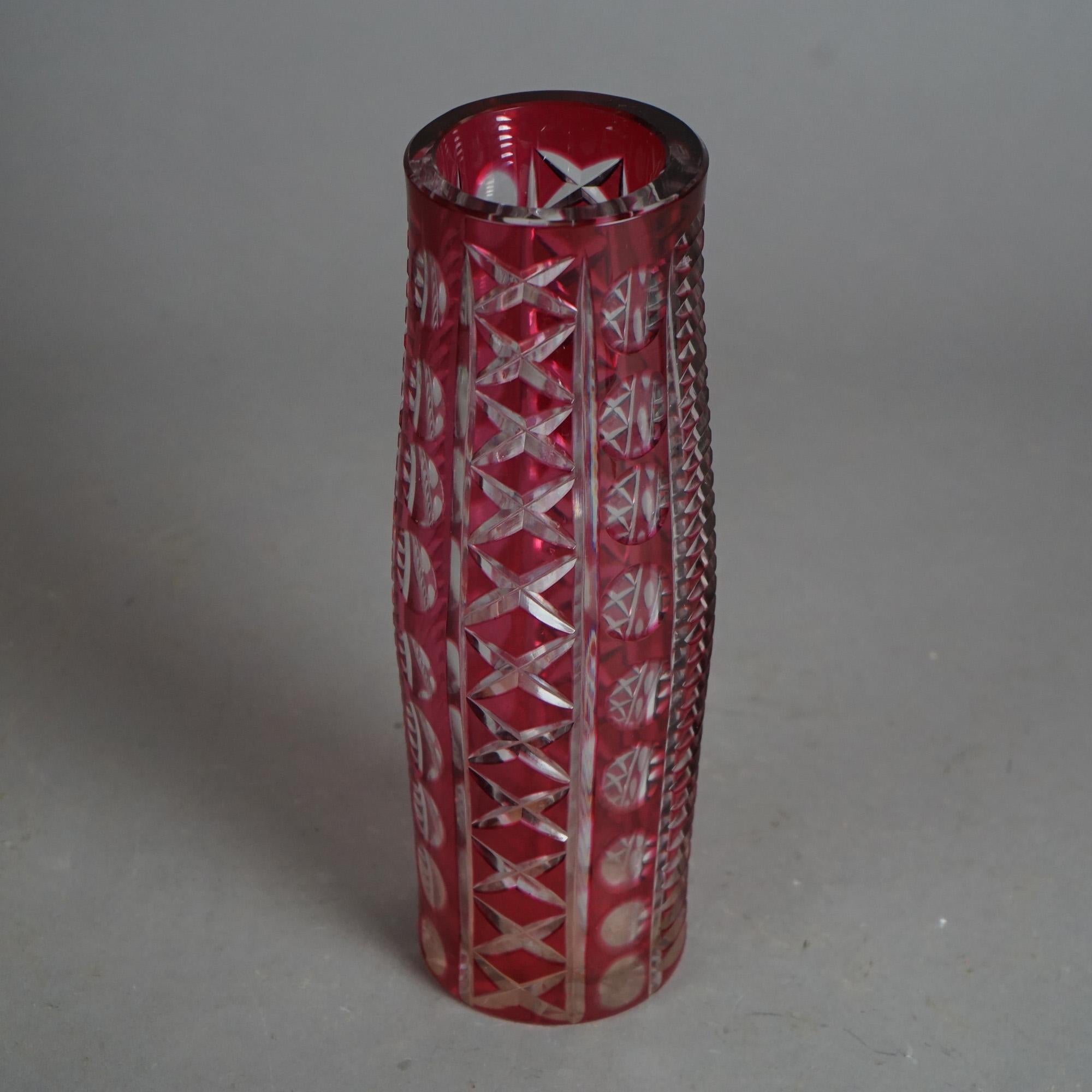 Antique Bohemian Cut to Clear Ruby Glass Vase Circa 1920 For Sale 2