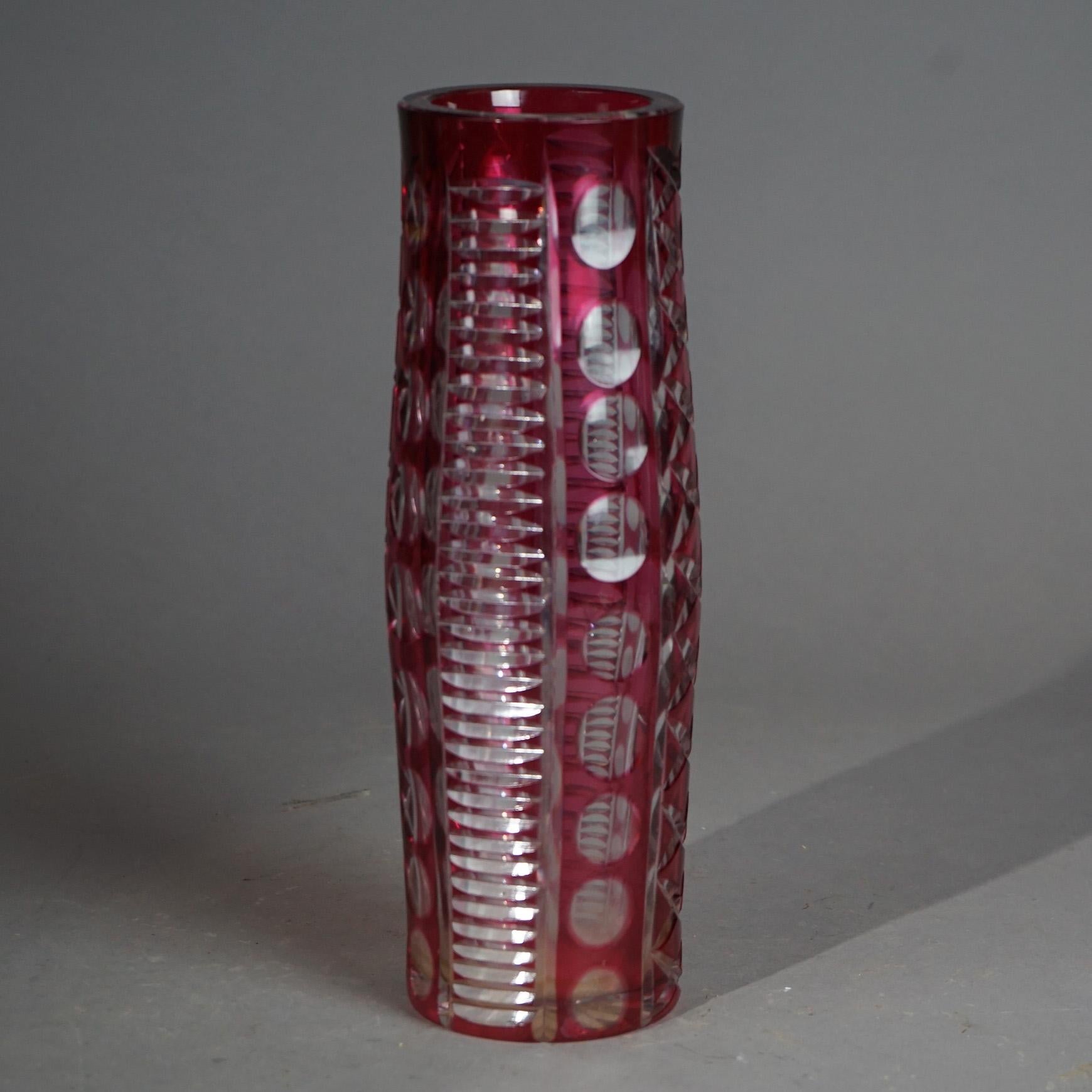Antique Bohemian Cut to Clear Ruby Glass Vase Circa 1920 For Sale 4