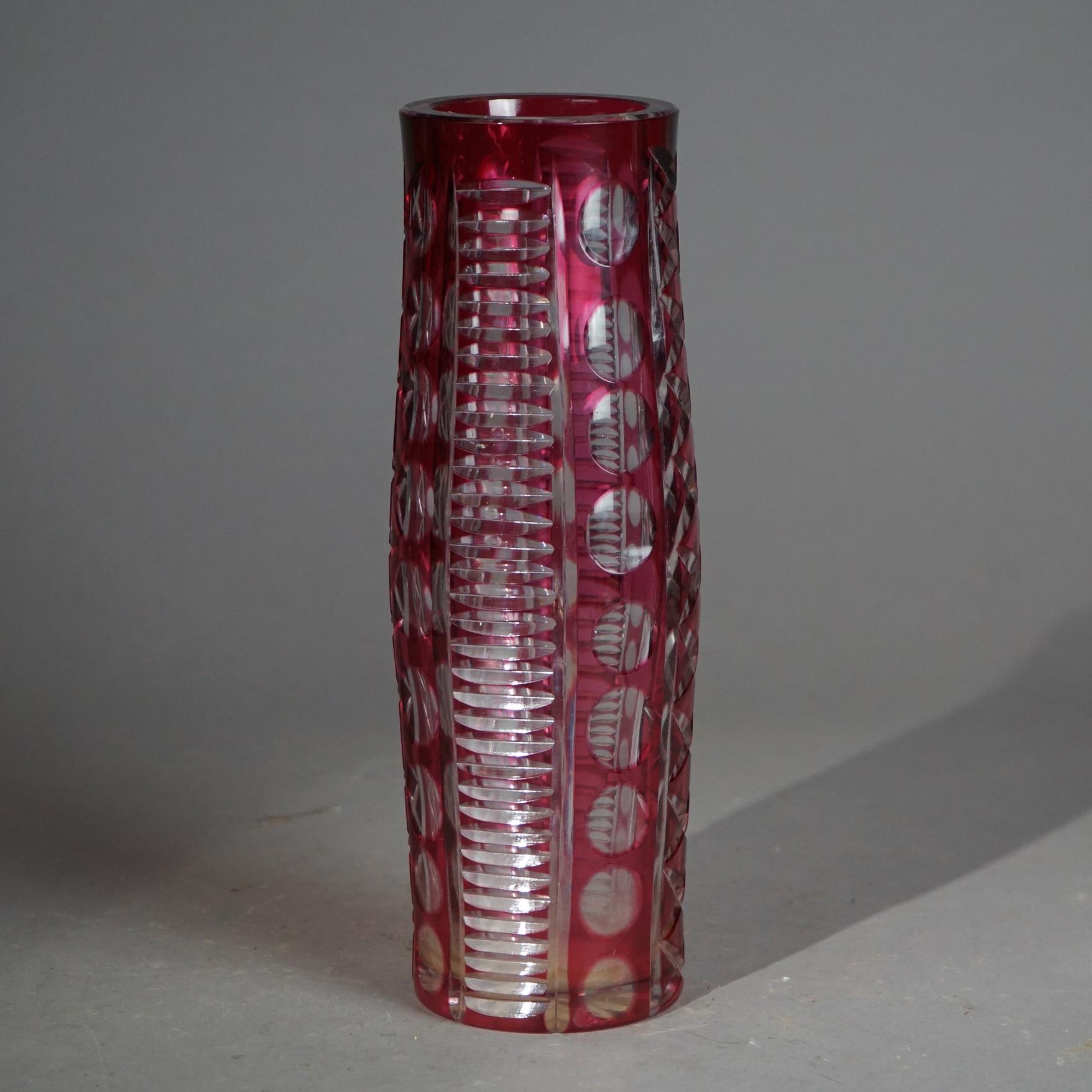 Antique Bohemian Cut to Clear Ruby Glass Vase Circa 1920 For Sale 5