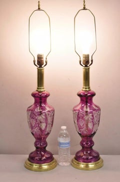 Antique Bohemian Czech Brass & Purple Cut Glass Grapevine Table Lamps - a Pair