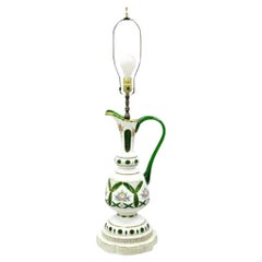 Antique Bohemian Czech Case Glass Green White Urn Ewer Table Lamp