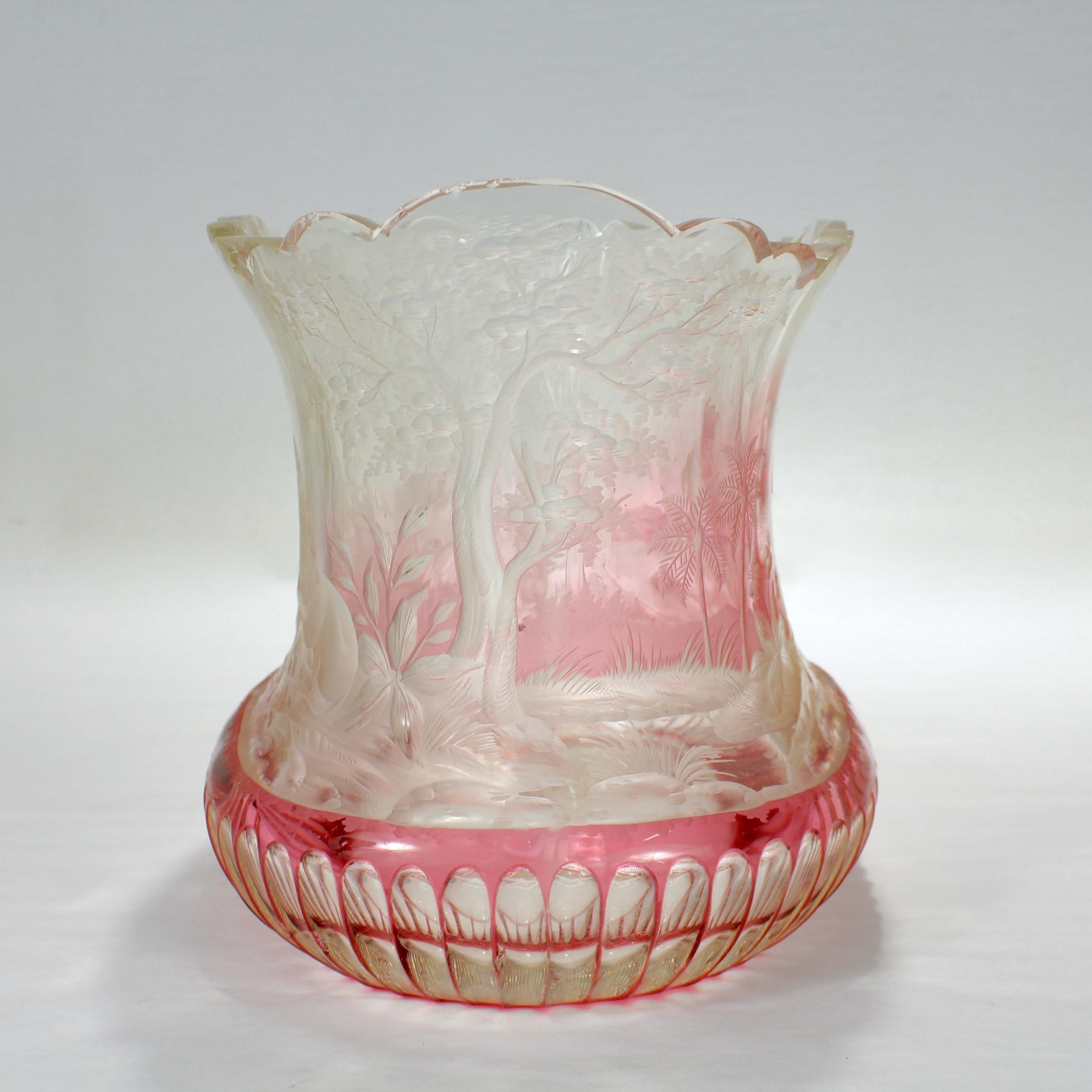 Antique Bohemian/Czech Cranberry Cut to Clear Vase with Savannah Scene In Fair Condition For Sale In Philadelphia, PA