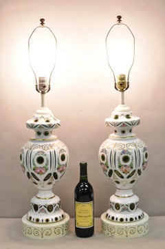Antique Bohemian Czech Glass Green and White Flower Painted Table Lamps - a Pair