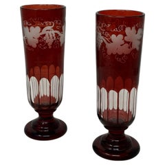 Antique Bohemian czechoslovakia Ruby Cranberry Glass Pair Goblets Vases Egermann