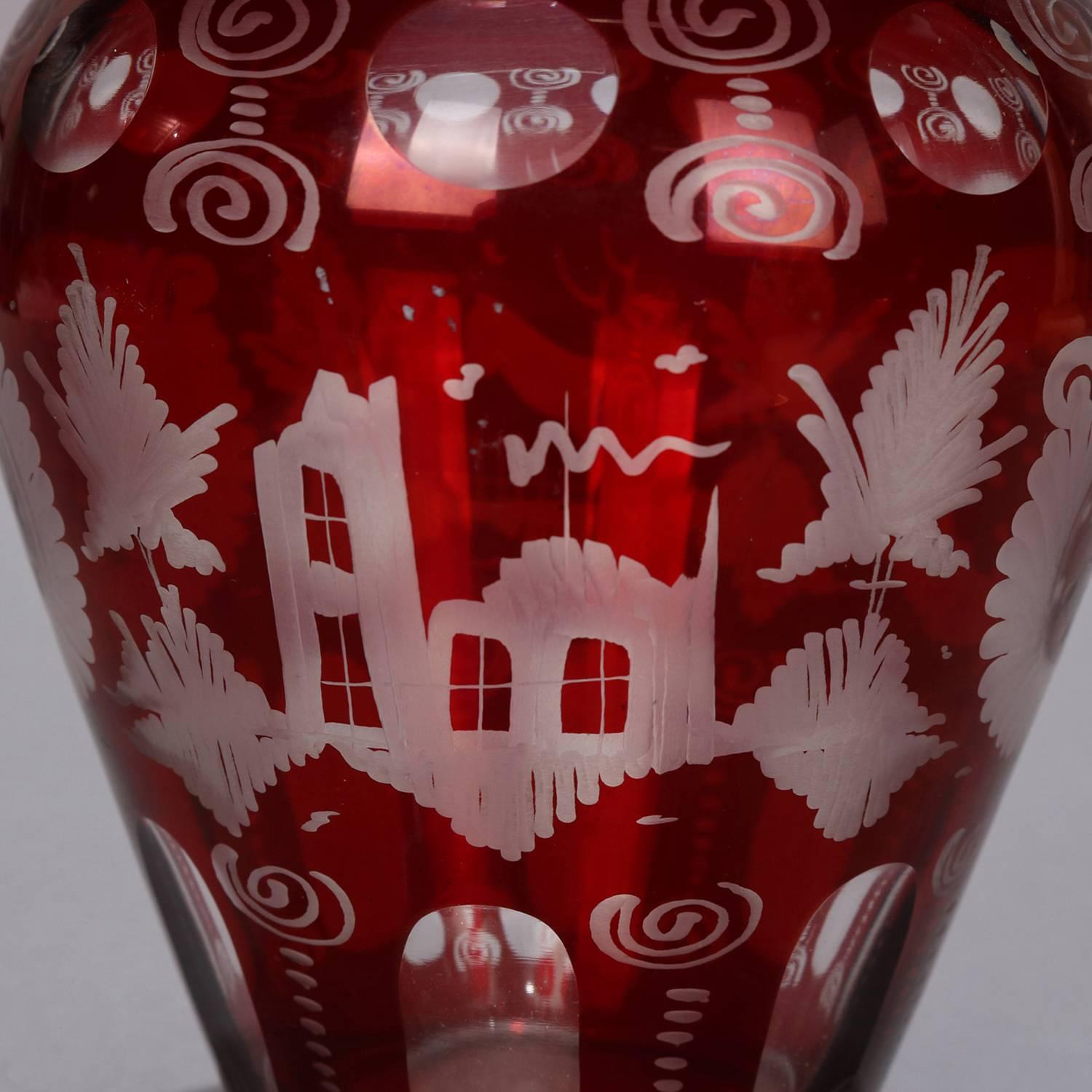 Glass Antique Bohemian Egermann Cut to Clear Stag & Castle Hunt Scene Vase, circa 1880