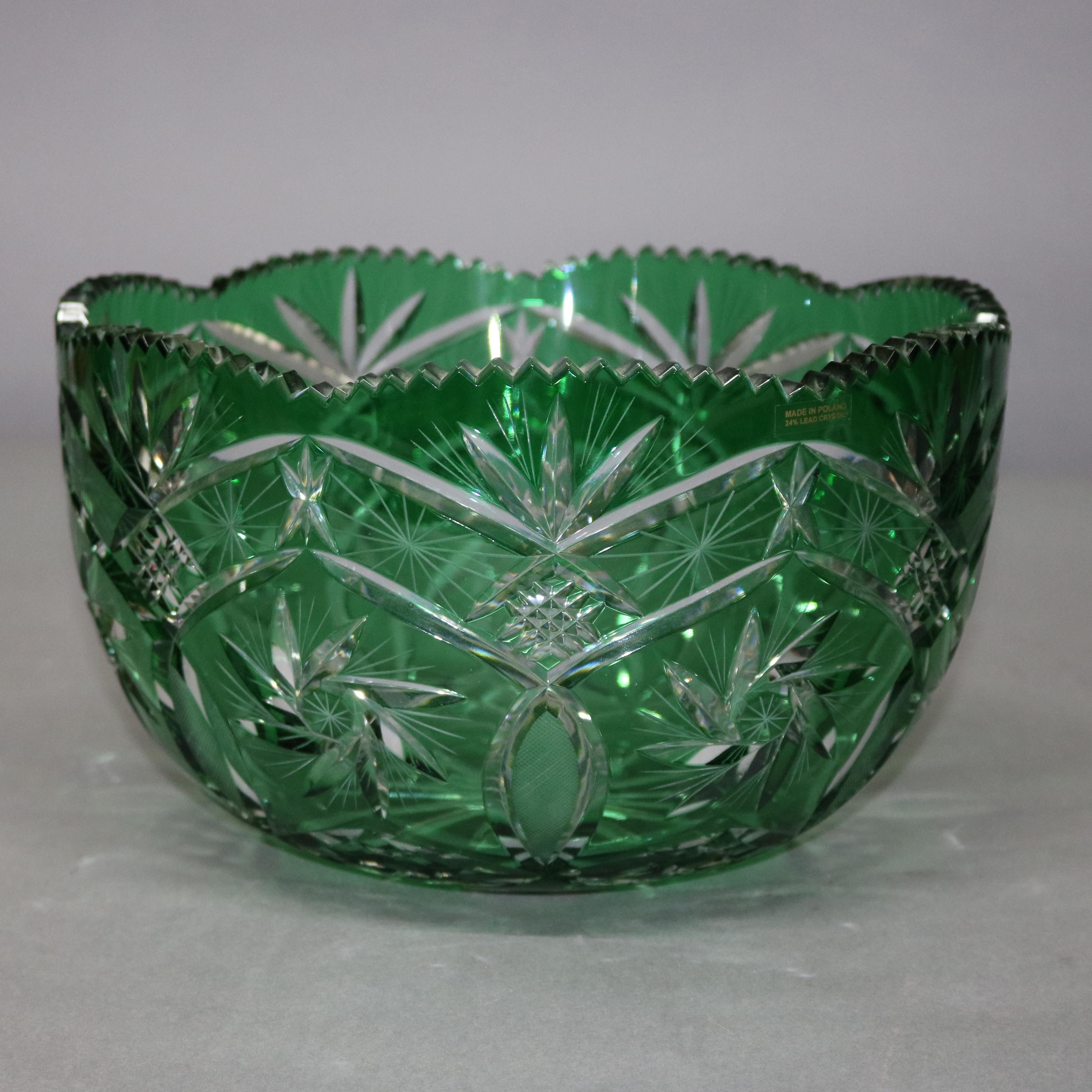 An antique Bohemian glass punch bowl offers emerald green cut to clear design including star and pineapple with scalloped rim, circa 1880.

Measures: 6.5