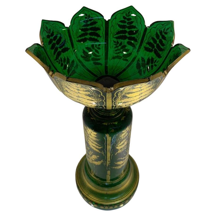 Antique Bohemian Emerald Green Gilt Glass Vase, 19th Century In Good Condition For Sale In Rostock, MV