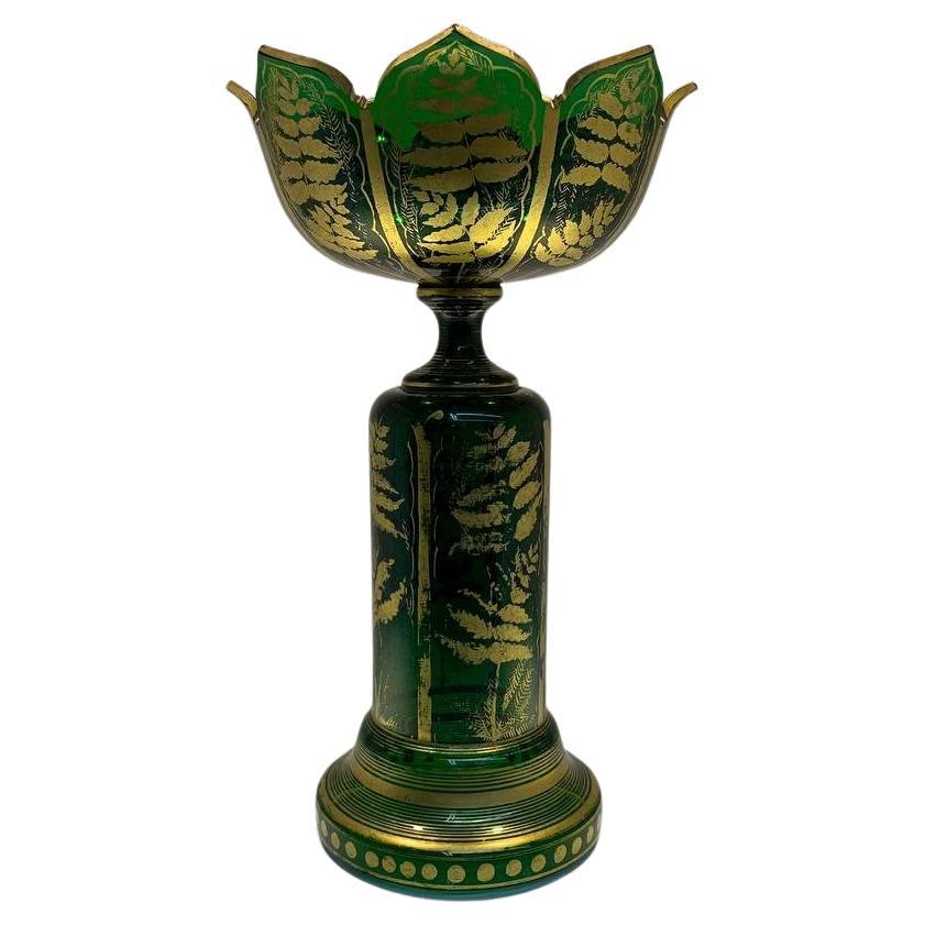 Antique Bohemian Emerald Green Gilt Glass Vase, 19th Century