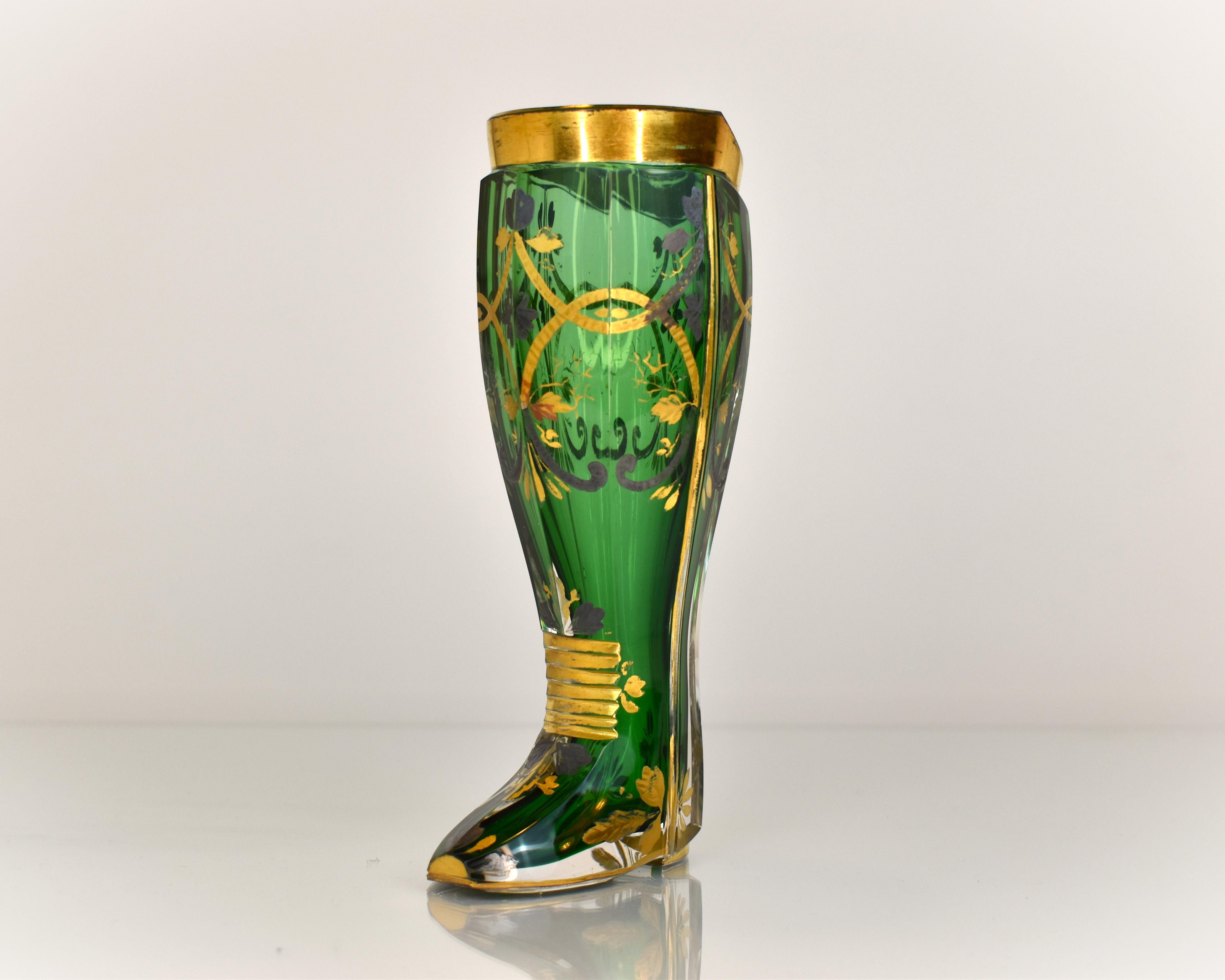 Very Rare Crystal Boot in Emerald Green Glass by Moser

Decorated All around with Silver and Gold Enamel

Gilding Highlights on the Base and Rim

Bohemia, 19th Century