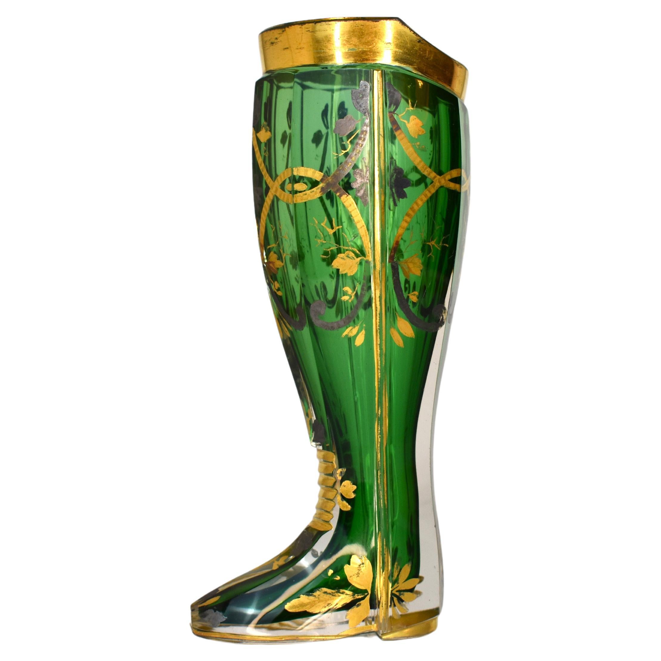 Antique Bohemian Emerald Green Glass Shoe, Boot by Moser 19th Century For Sale