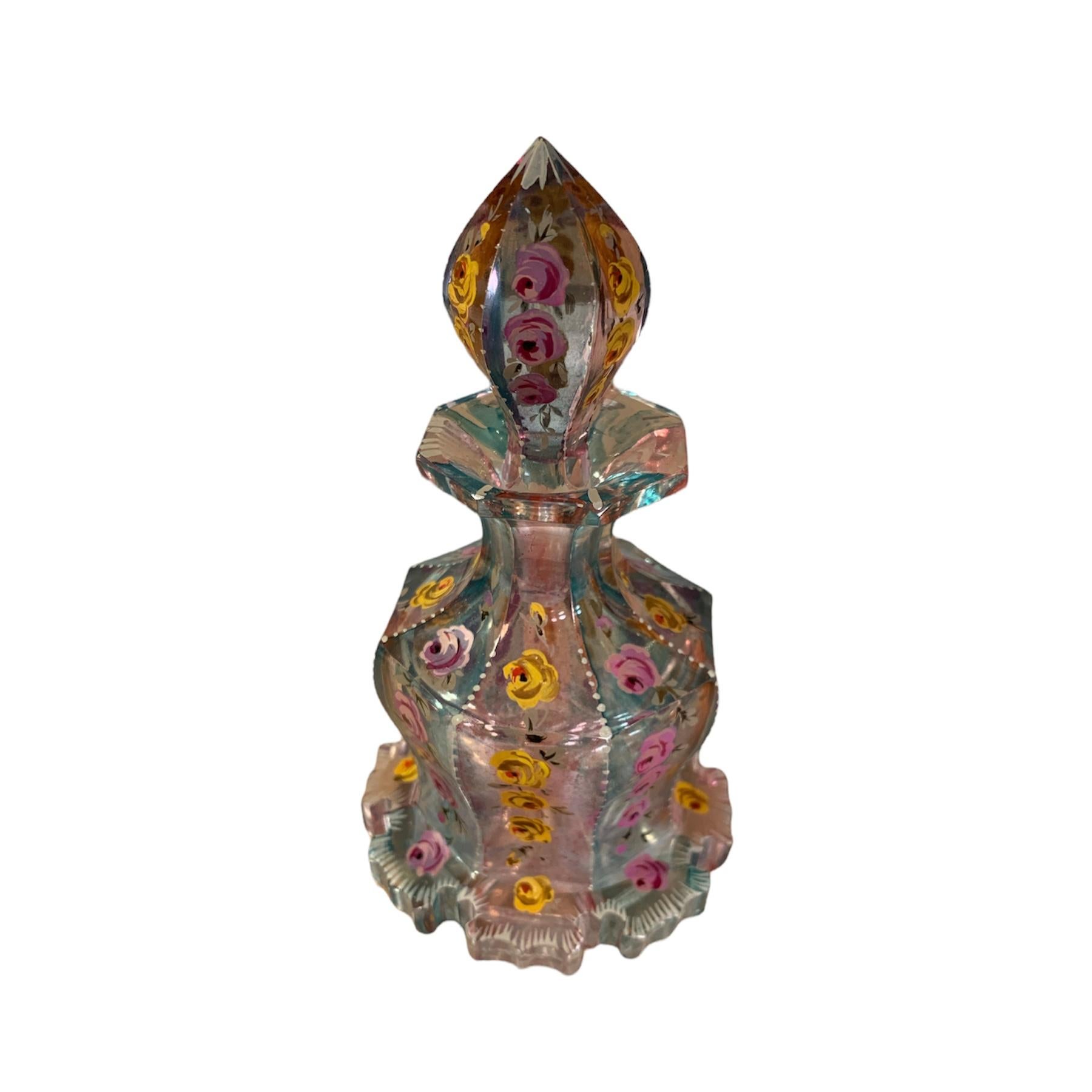 Bohemian glass, very unusual colors decorated with hand-painted all around and hand-cut in impressive shape, 2-colored crystal, the bidy is shaped in 8 side panels, each richly enameled with colorful flowers and leaves, further enamel-work on the