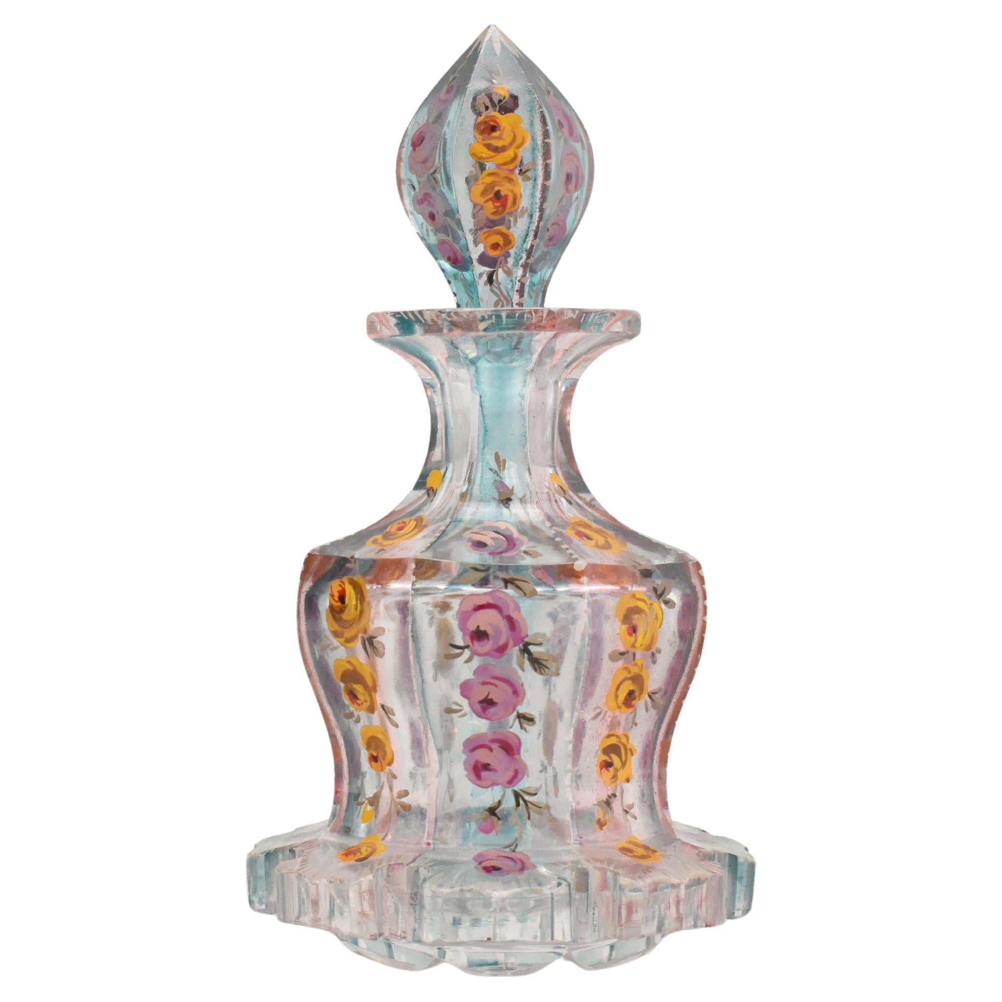 Antique Bohemian Enameled Galss Perfume Bottle by Moser, 19th Century Crystal
