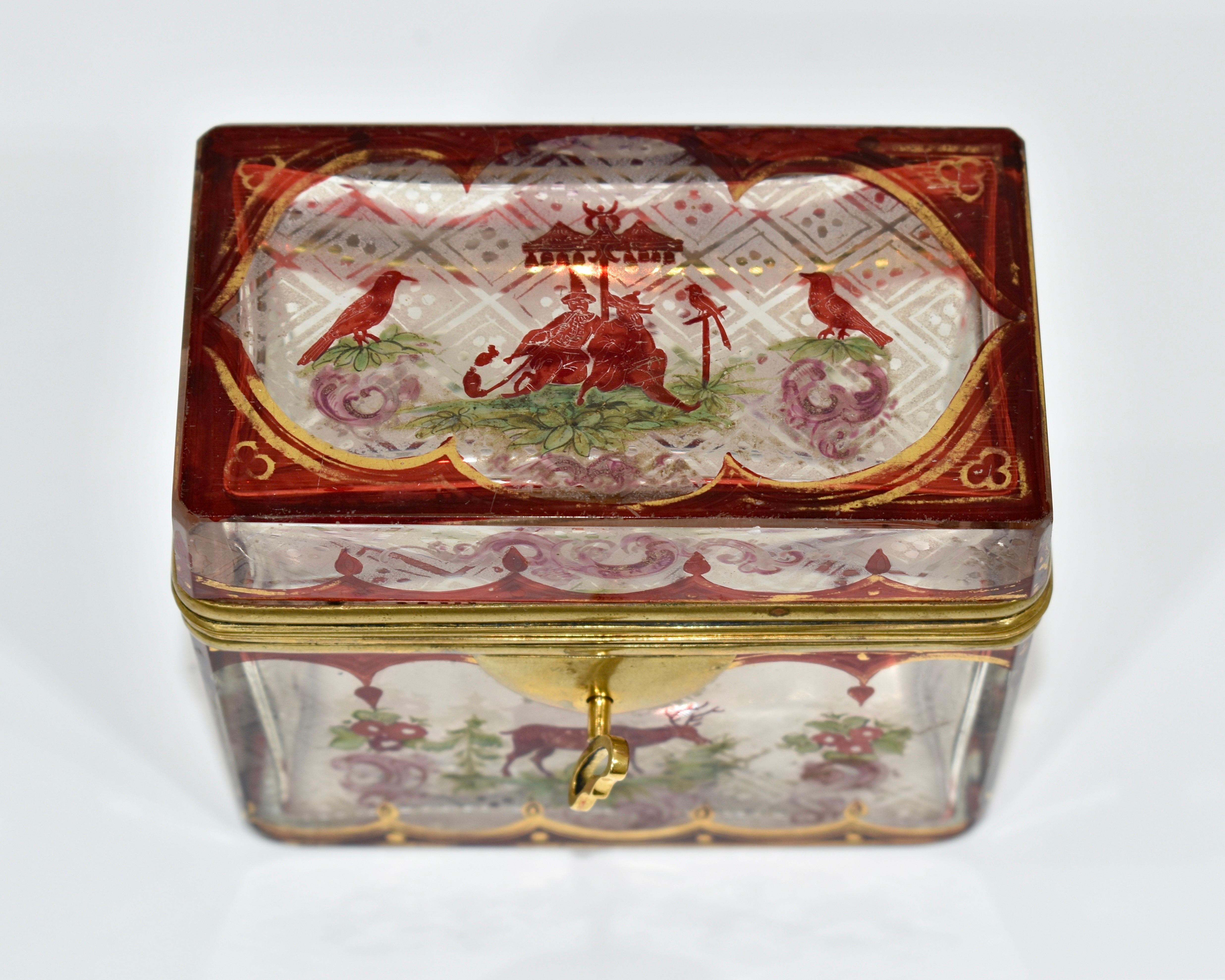 Antique Bohemian Enameled Glass Jewelry Casket Box, 19th Century In Good Condition In Rostock, MV