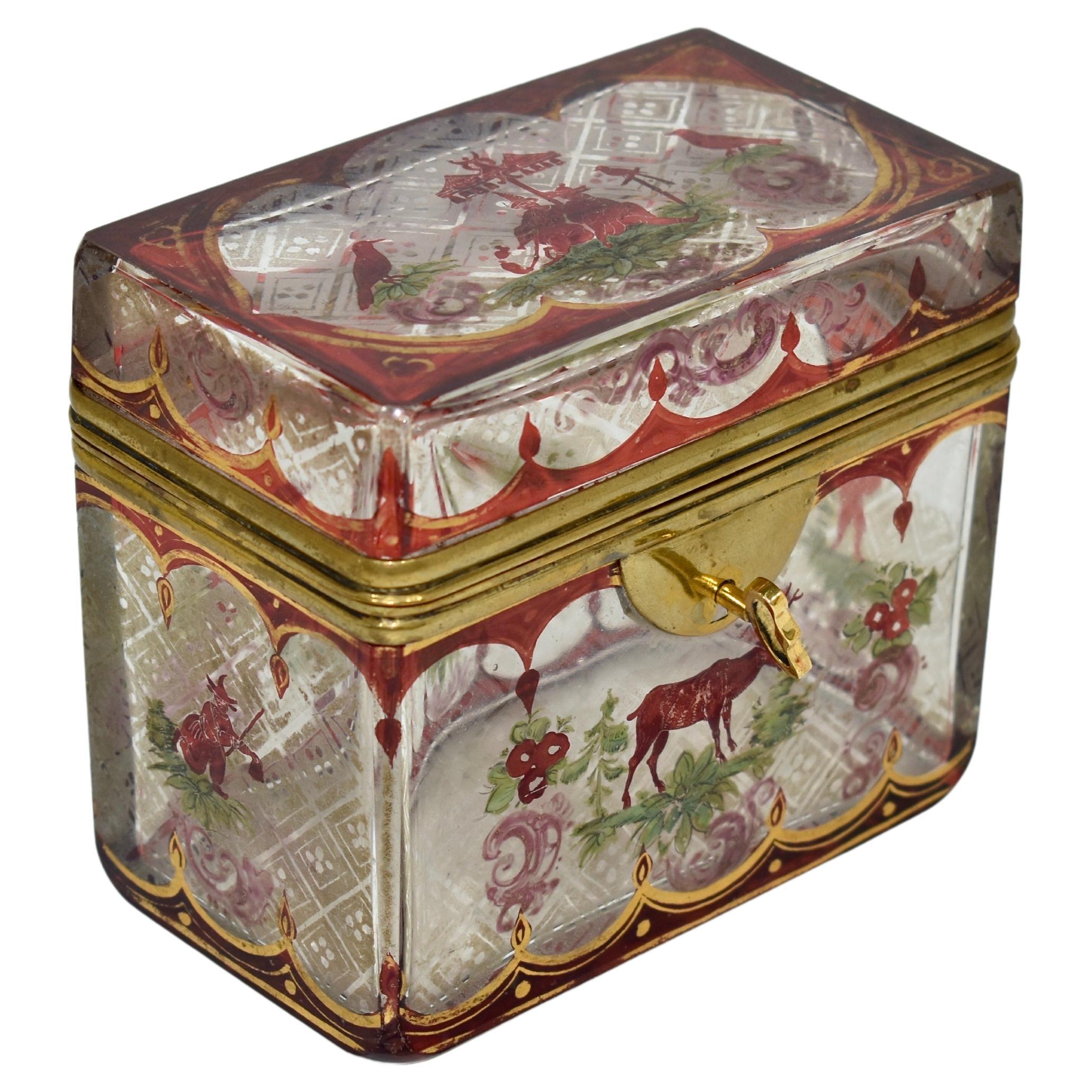 Antique Bohemian Enameled Glass Jewelry Casket Box, 19th Century