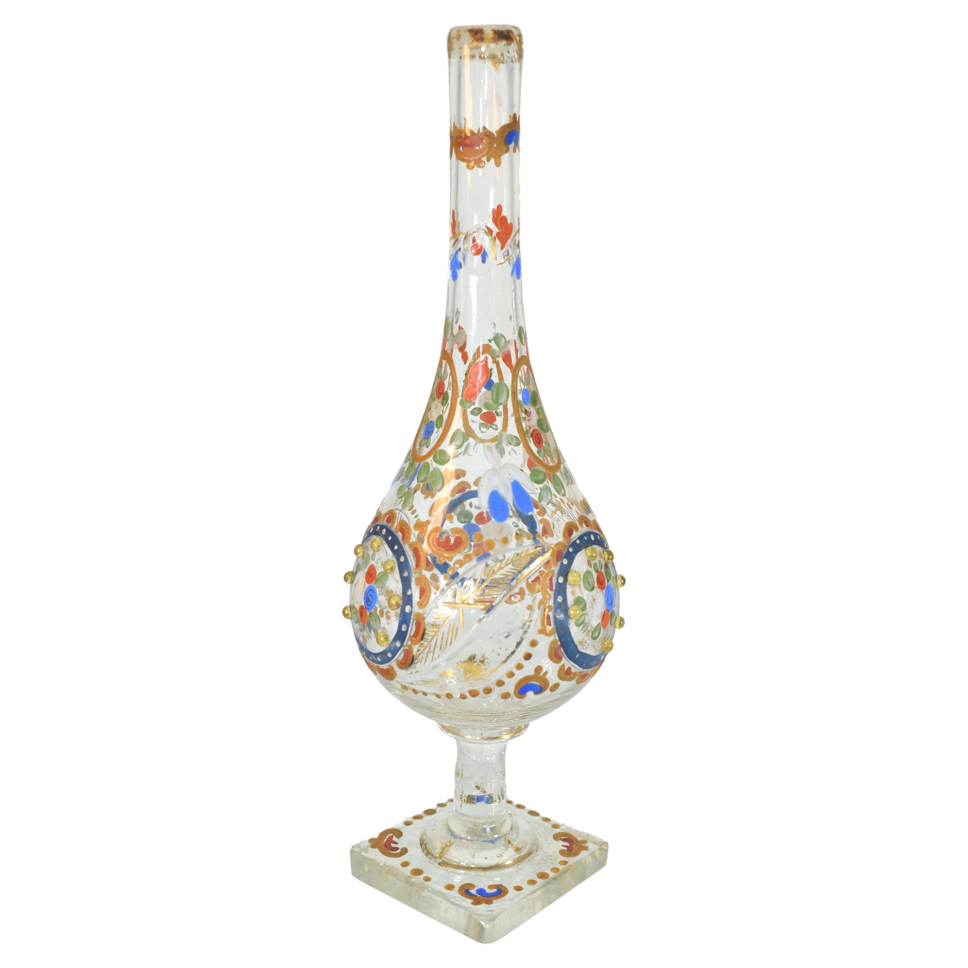 Antiker böhmischer emaillierter Rosen-Wasser Sprinkler aus Glas, 19. Jahrhundert