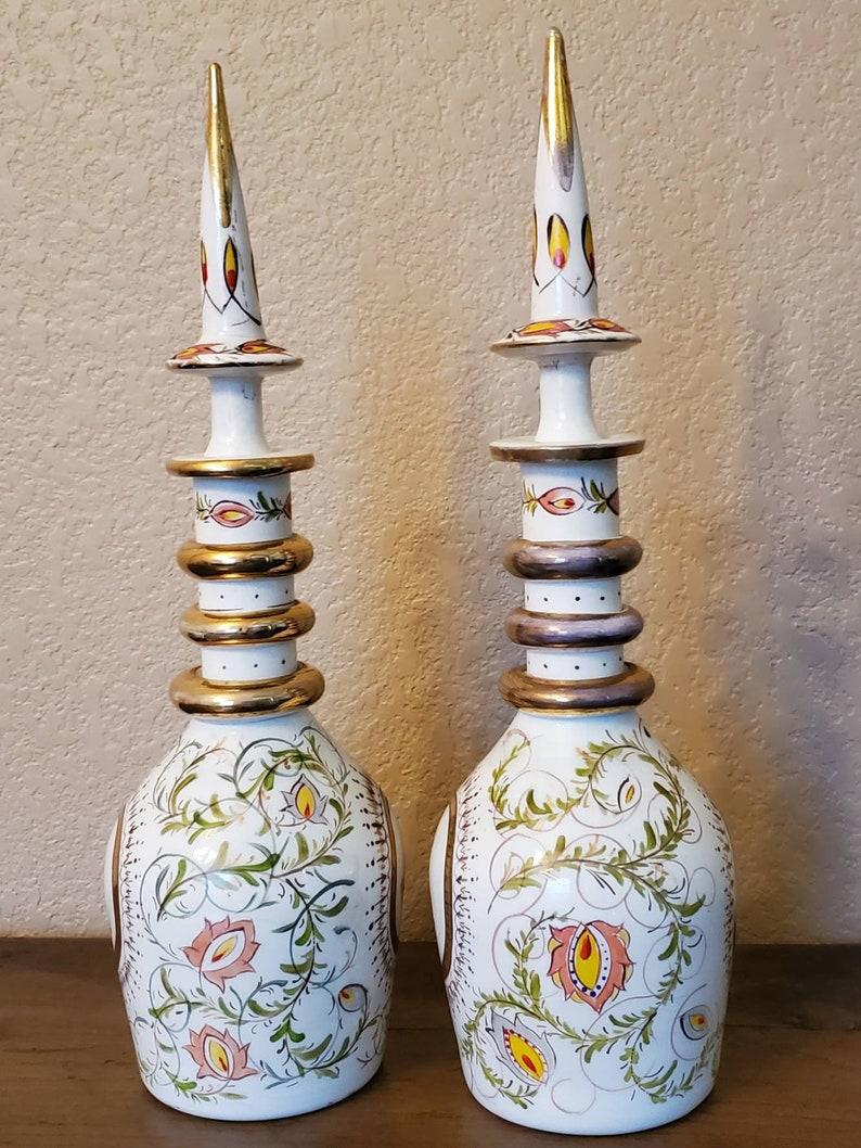 Antique Bohemian Enameled & Partial Gilt Art Glass Decanter Pair In Good Condition In Forney, TX