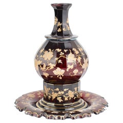 Antique Bohemian Enamelled Gilt Ruby Red Crystal Glass Bottle Set, 19th Century