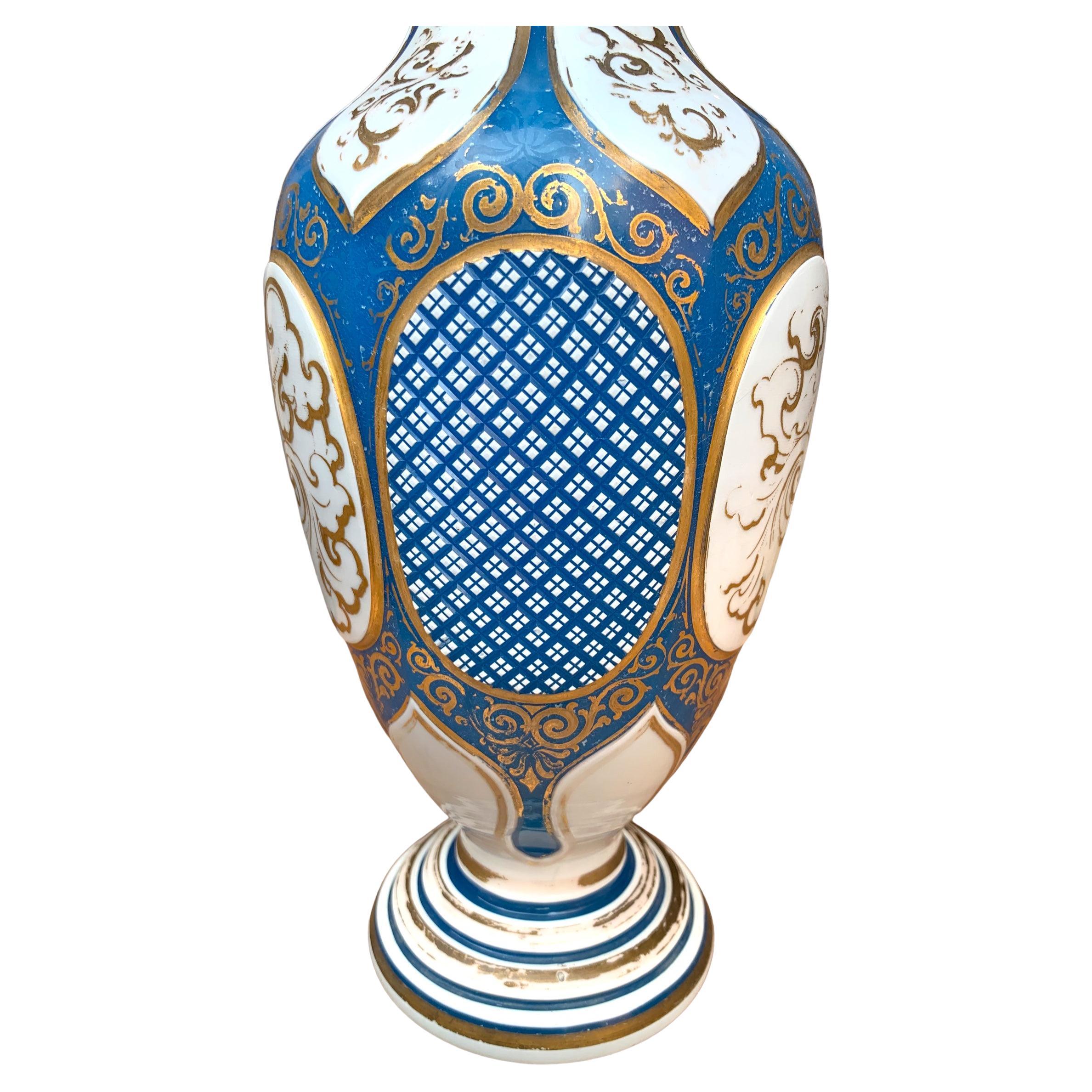 Enameled Antique Bohemian Enamelled Overlay Opaline Glass Vase, 19th Century For Sale