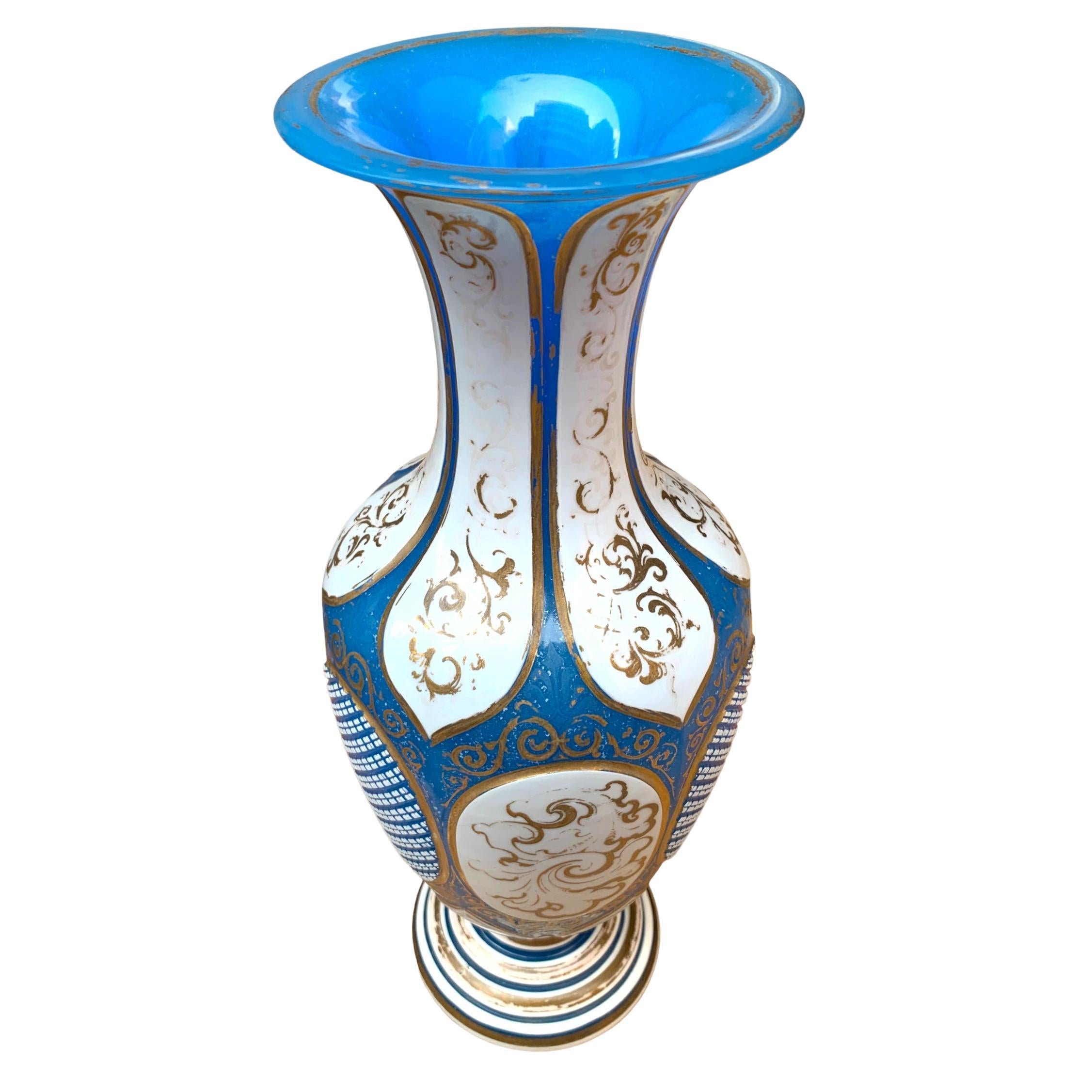 Antique Bohemian Enamelled Overlay Opaline Glass Vase, 19th Century In Good Condition For Sale In Rostock, MV