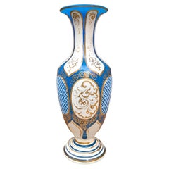 Antique Bohemian Enamelled Overlay Opaline Glass Vase, 19th Century