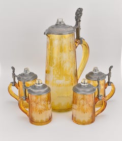 Antique Bohemian Engraved Amber-Stained Glass Drinking Set, 19th Century