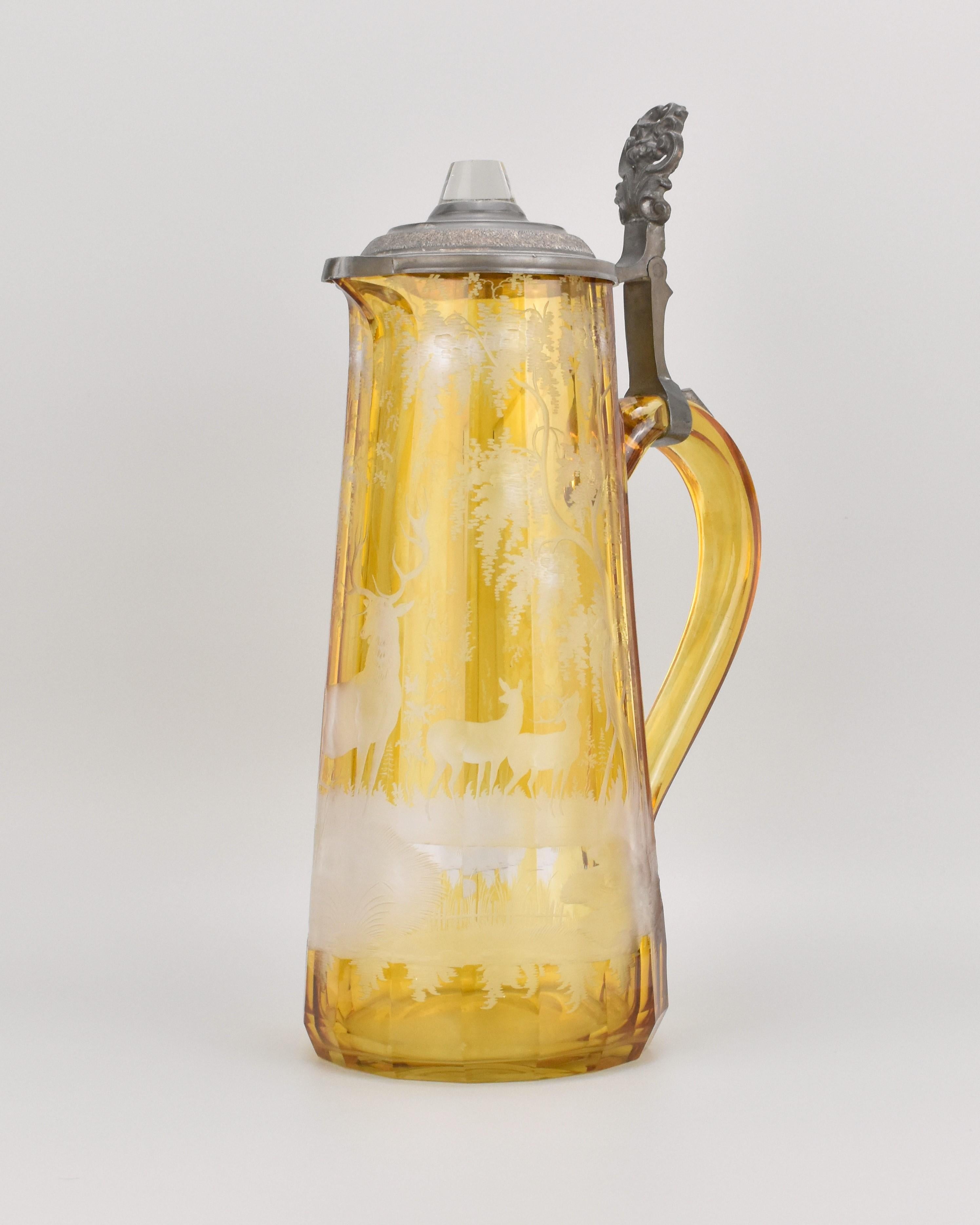 Czech Antique Bohemian Engraved Amber-Stained Glass Drinking Set, 19th Century For Sale