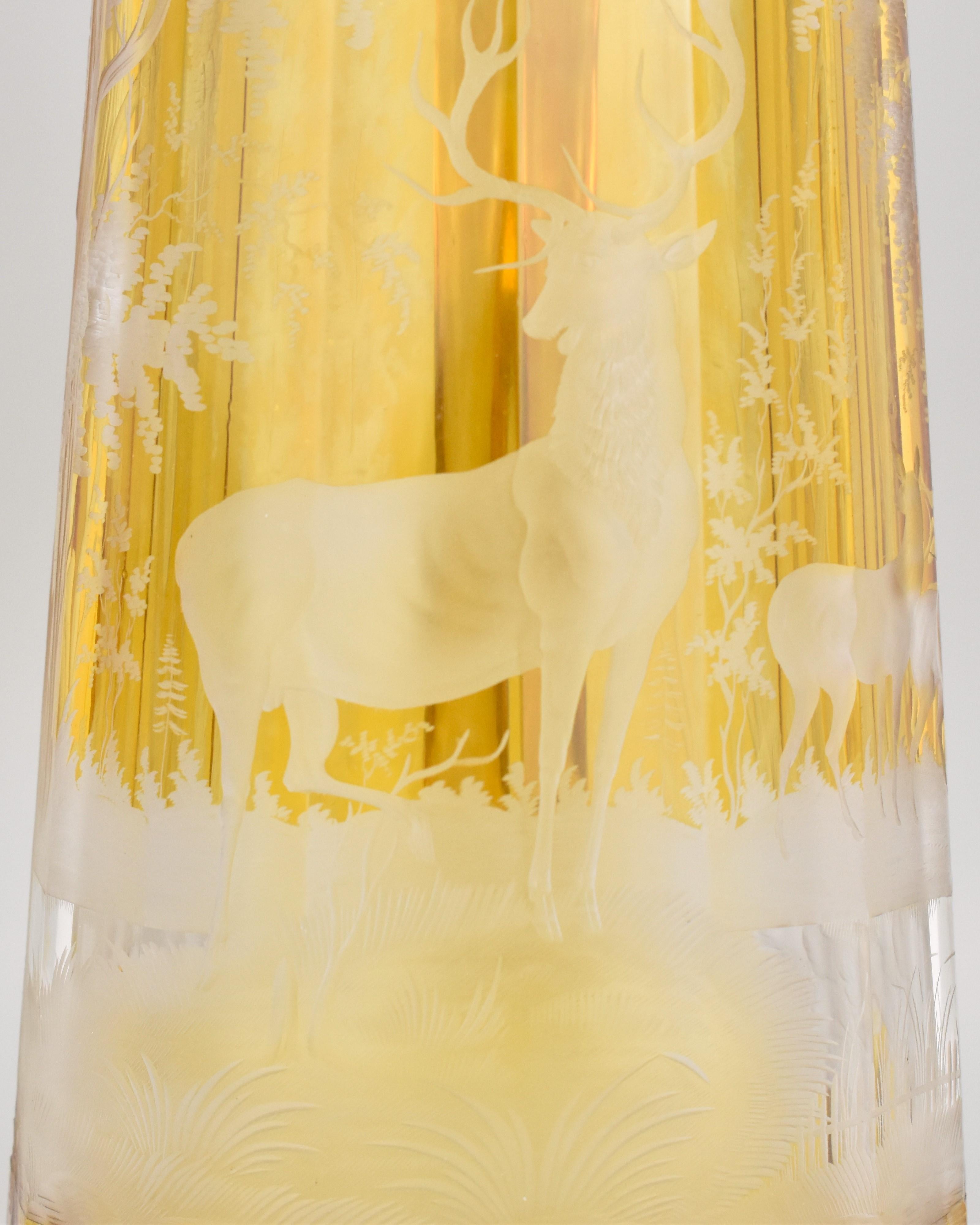 Antique Bohemian Engraved Amber-Stained Glass Drinking Set, 19th Century In Good Condition For Sale In Rostock, MV