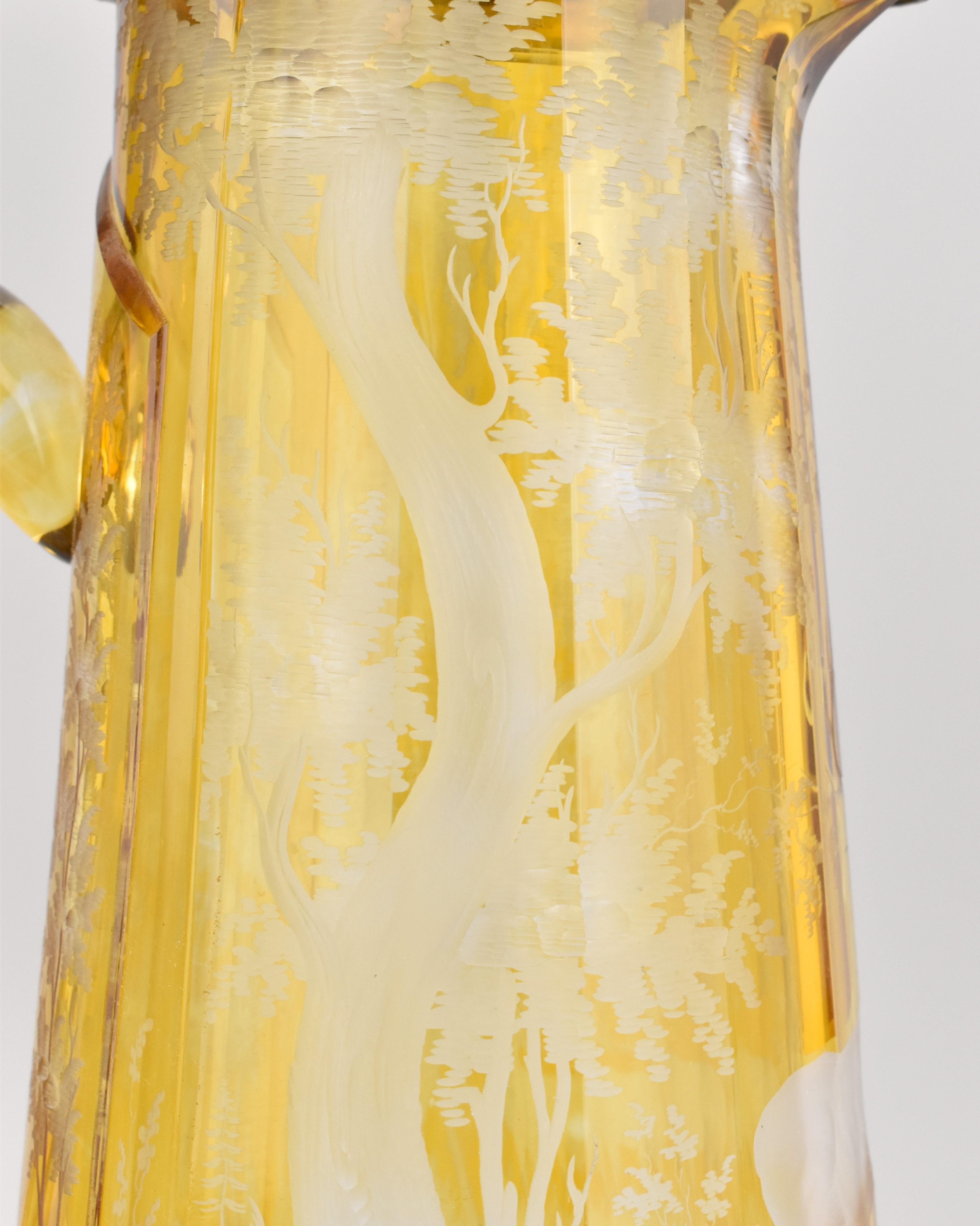 Crystal Antique Bohemian Engraved Amber-Stained Glass Drinking Set, 19th Century For Sale