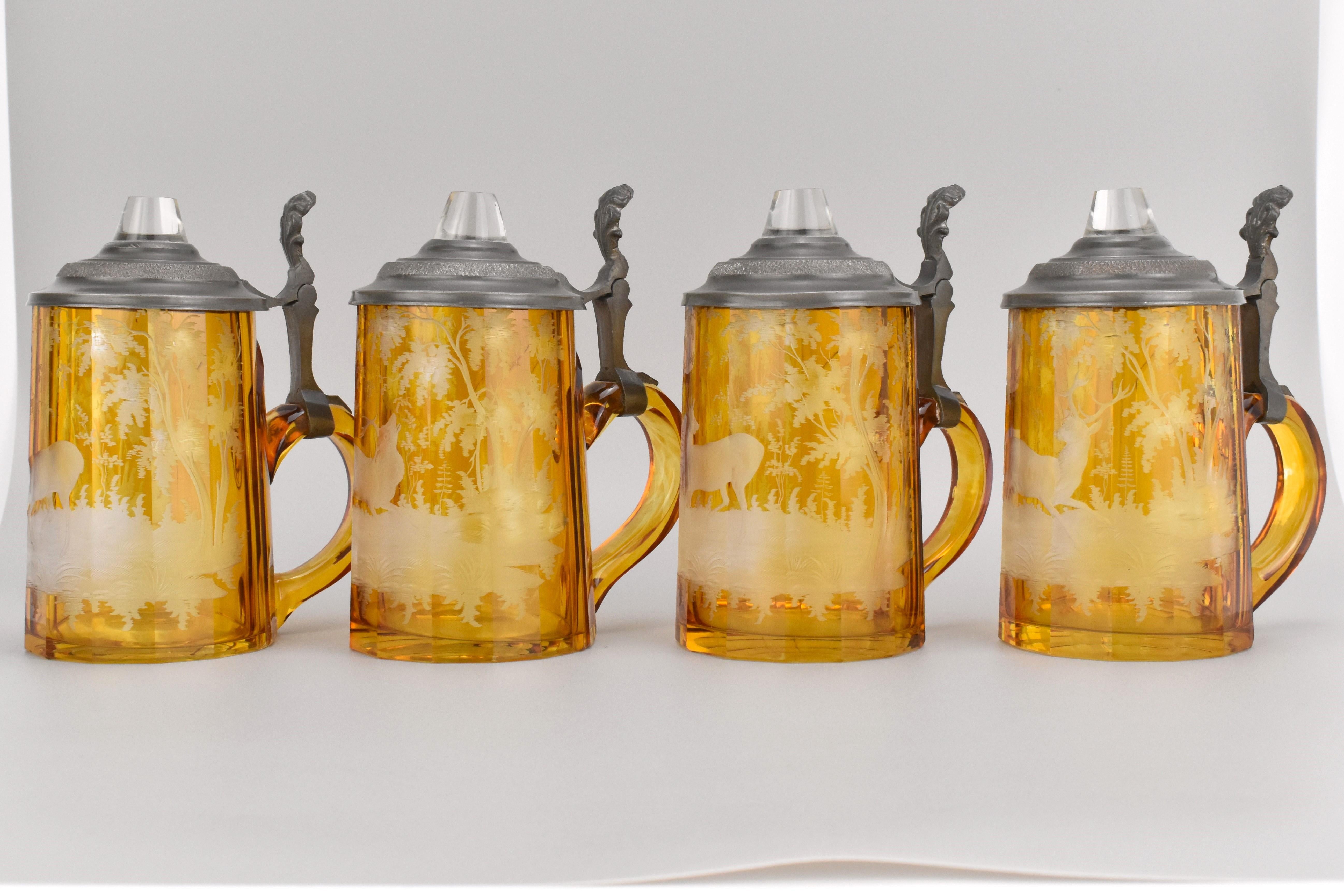 Antique Bohemian Engraved Amber-Stained Glass Drinking Set, 19th Century For Sale 1