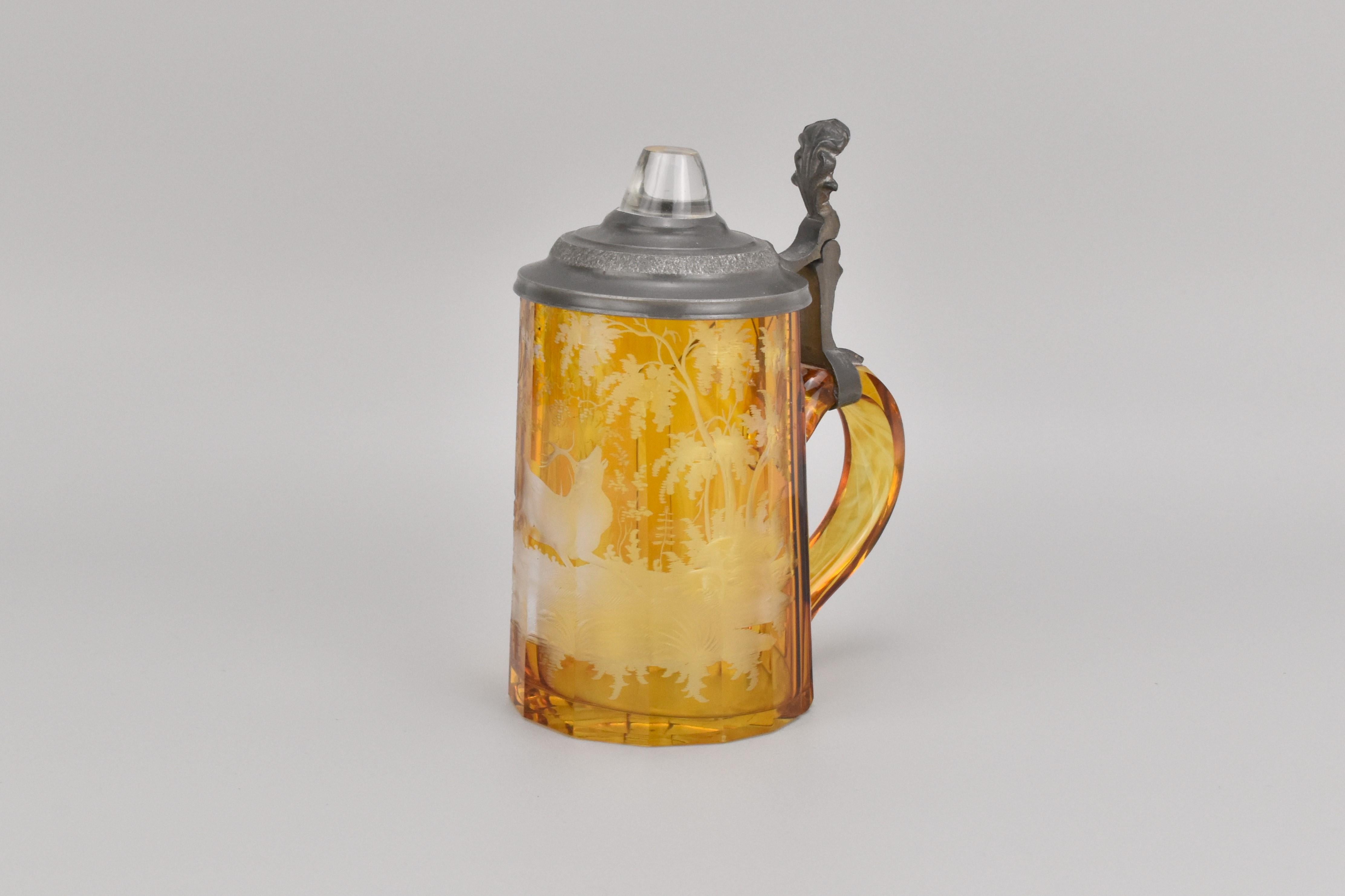 Antique Bohemian Engraved Amber-Stained Glass Drinking Set, 19th Century For Sale 2