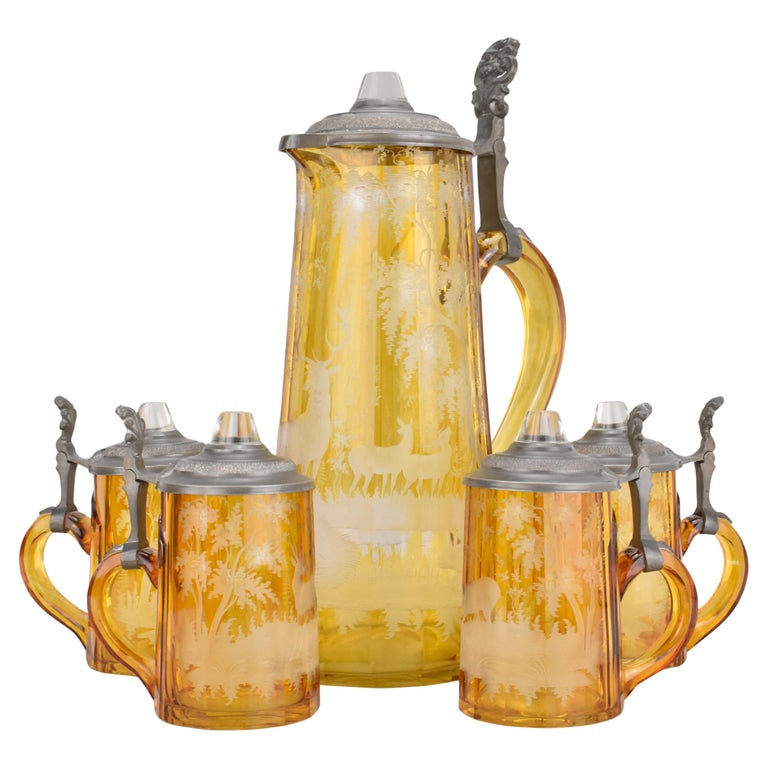 Antique Bohemian Engraved Amber-Stained Glass Drinking Set, 19th Century  For Sale at 1stDibs