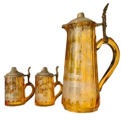 Antique Bohemian Engraved Amber-Stained Glass Set, 19th Century