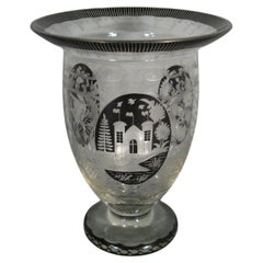 Antique Bohemian Etched Crystal Vase with Chateau, Stag, and Bird Motif - 1Y126