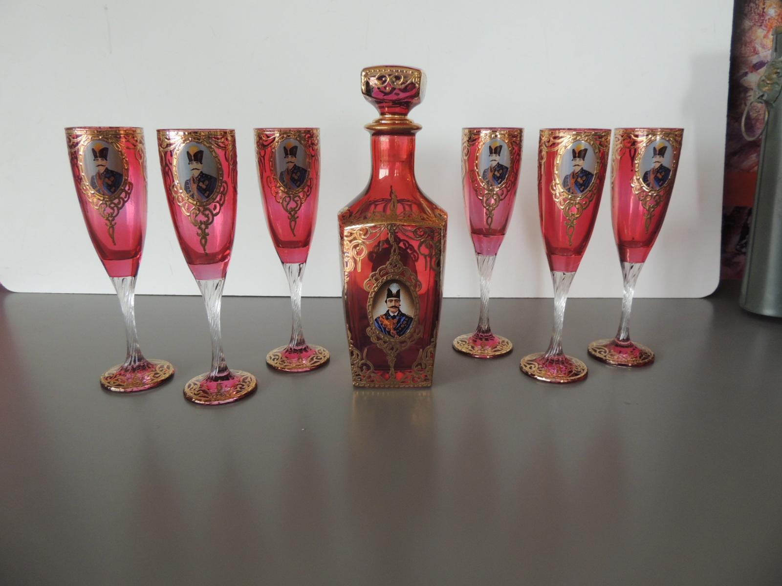 Antique style Bohemian Flue Glasses With Shah of Persia and Decanter set
Hand blown glasses made for the Persian market.
6 flutes and a Decanter in this set
Size of glasses: 2 x 2 x 8.5' H
Size of decanter 3 x 2.5 x 10