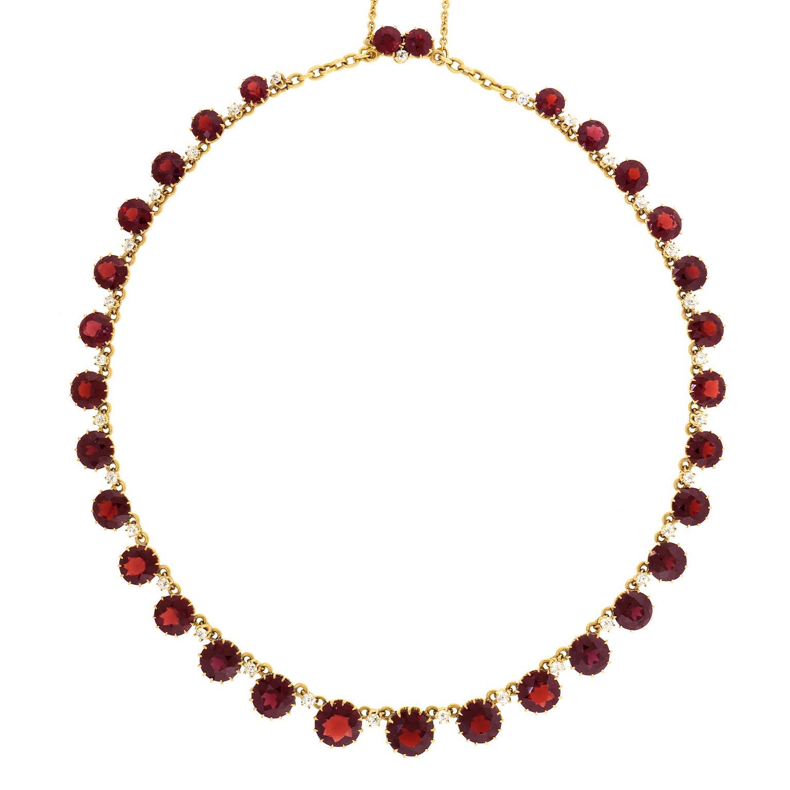 Round Cut Antique Bohemian Garnet and Diamond Necklace 18k, C1880s