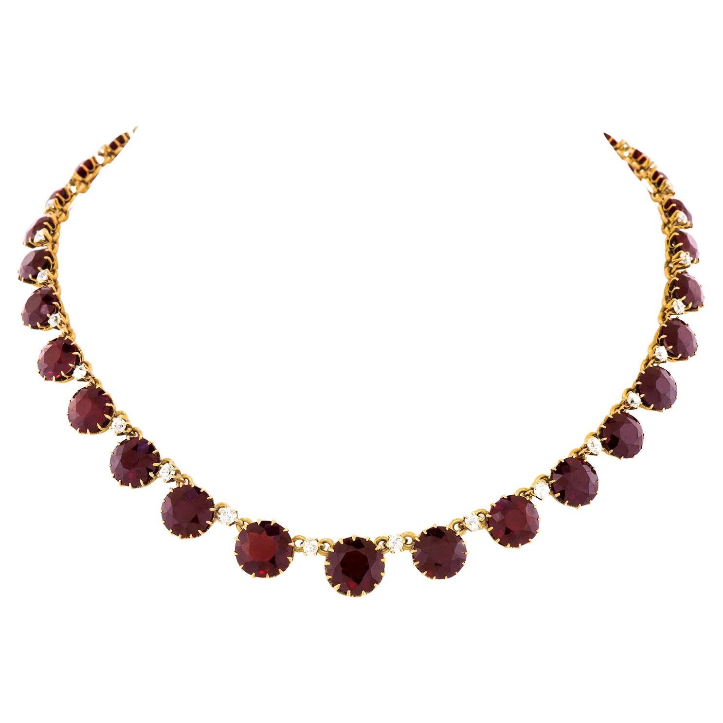 Antique Bohemian Garnet and Diamond Necklace 18k, C1880s