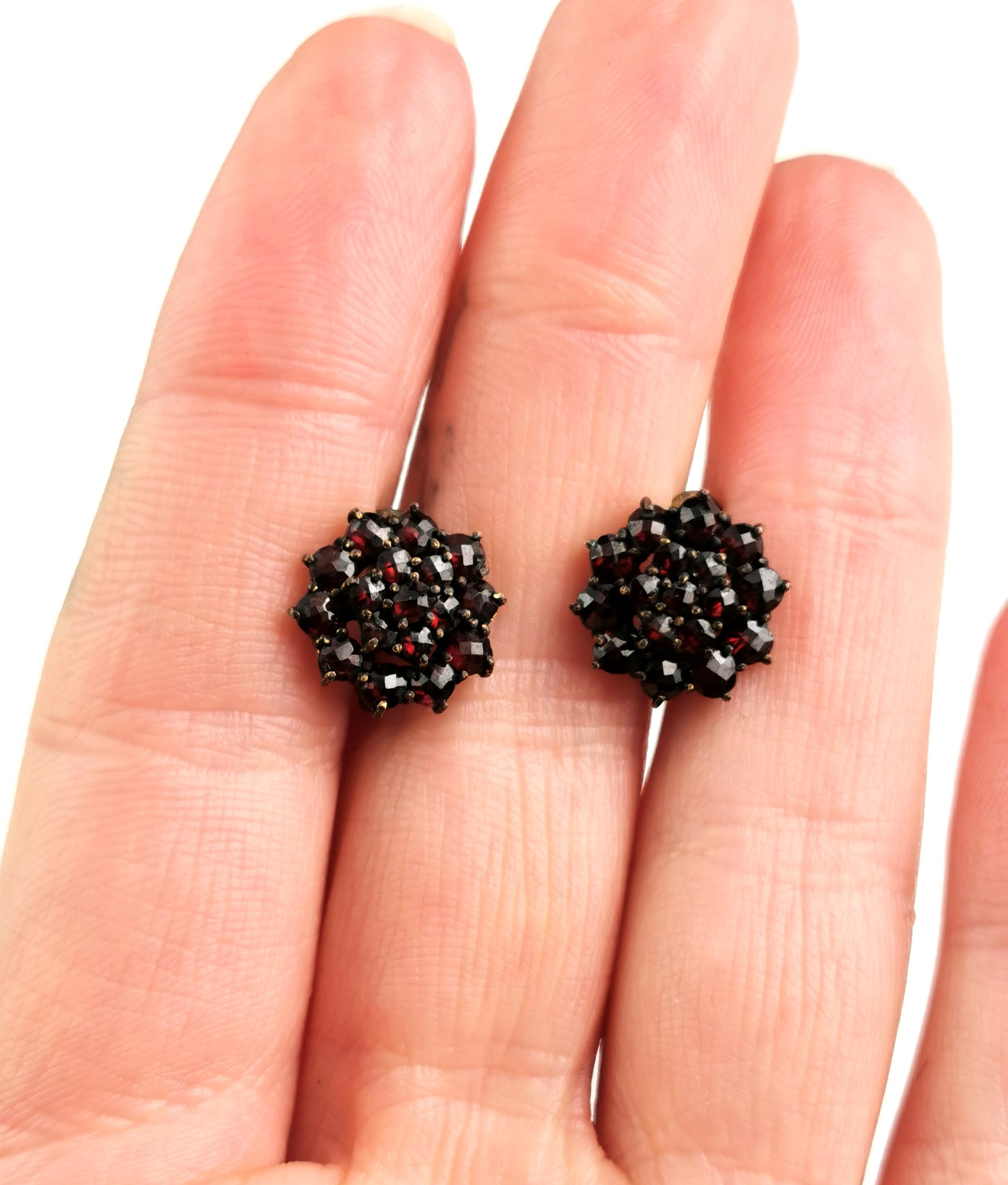 Antique Bohemian garnet cluster earrings, screw back, gilt metal 3