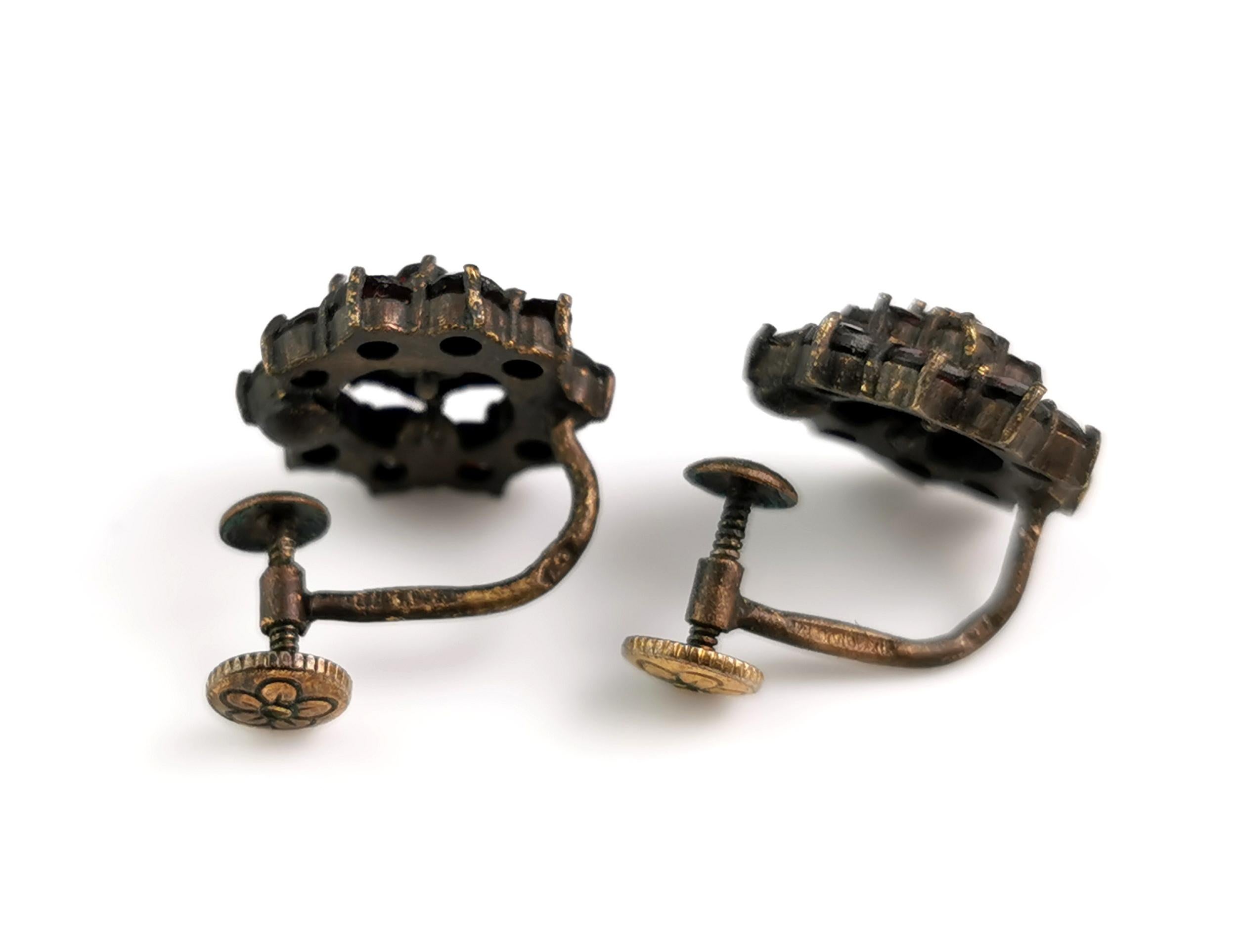 Antique Bohemian garnet cluster earrings, screw back, gilt metal 4