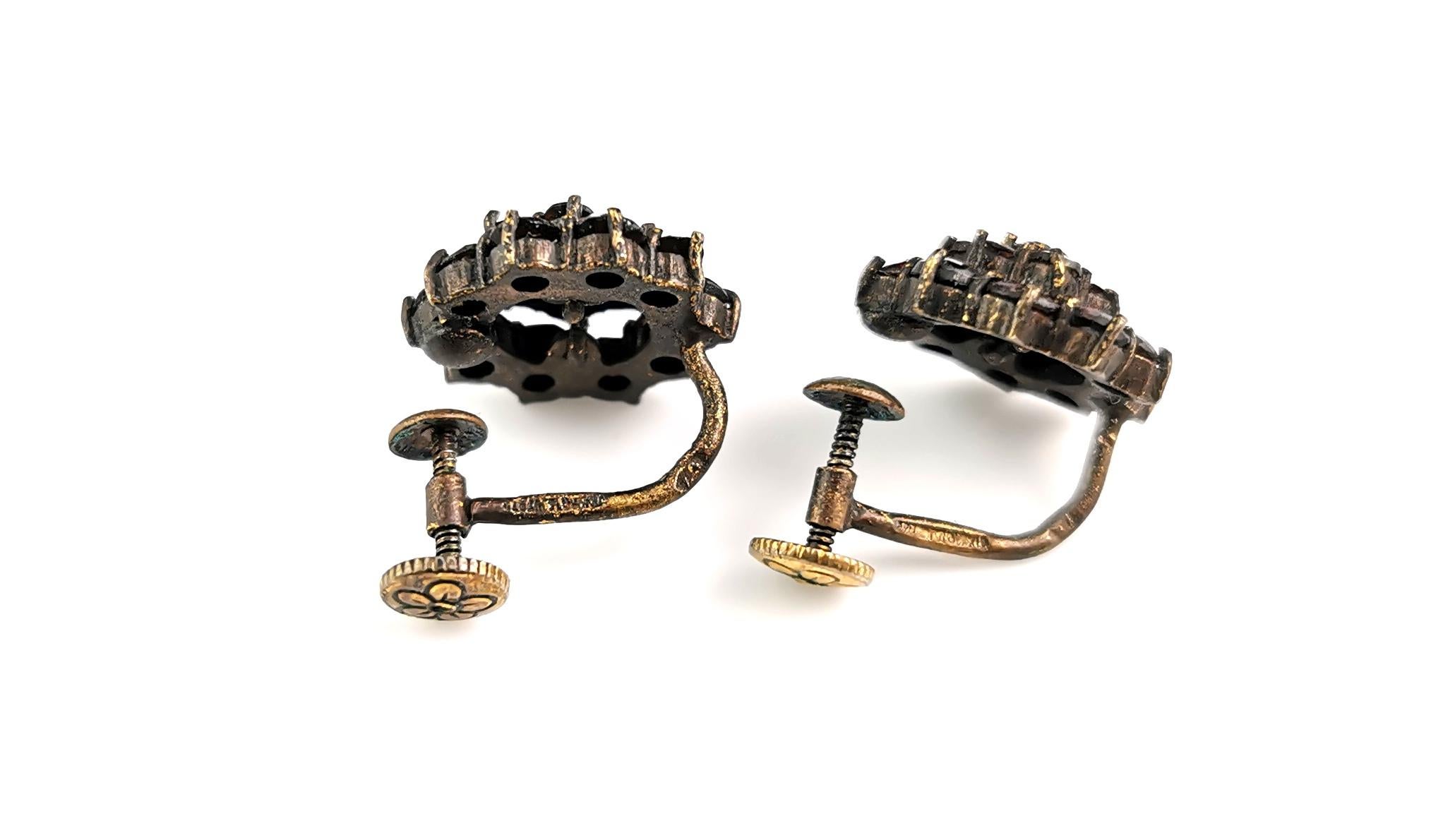 Art Deco Antique Bohemian garnet cluster earrings, screw back, gilt metal