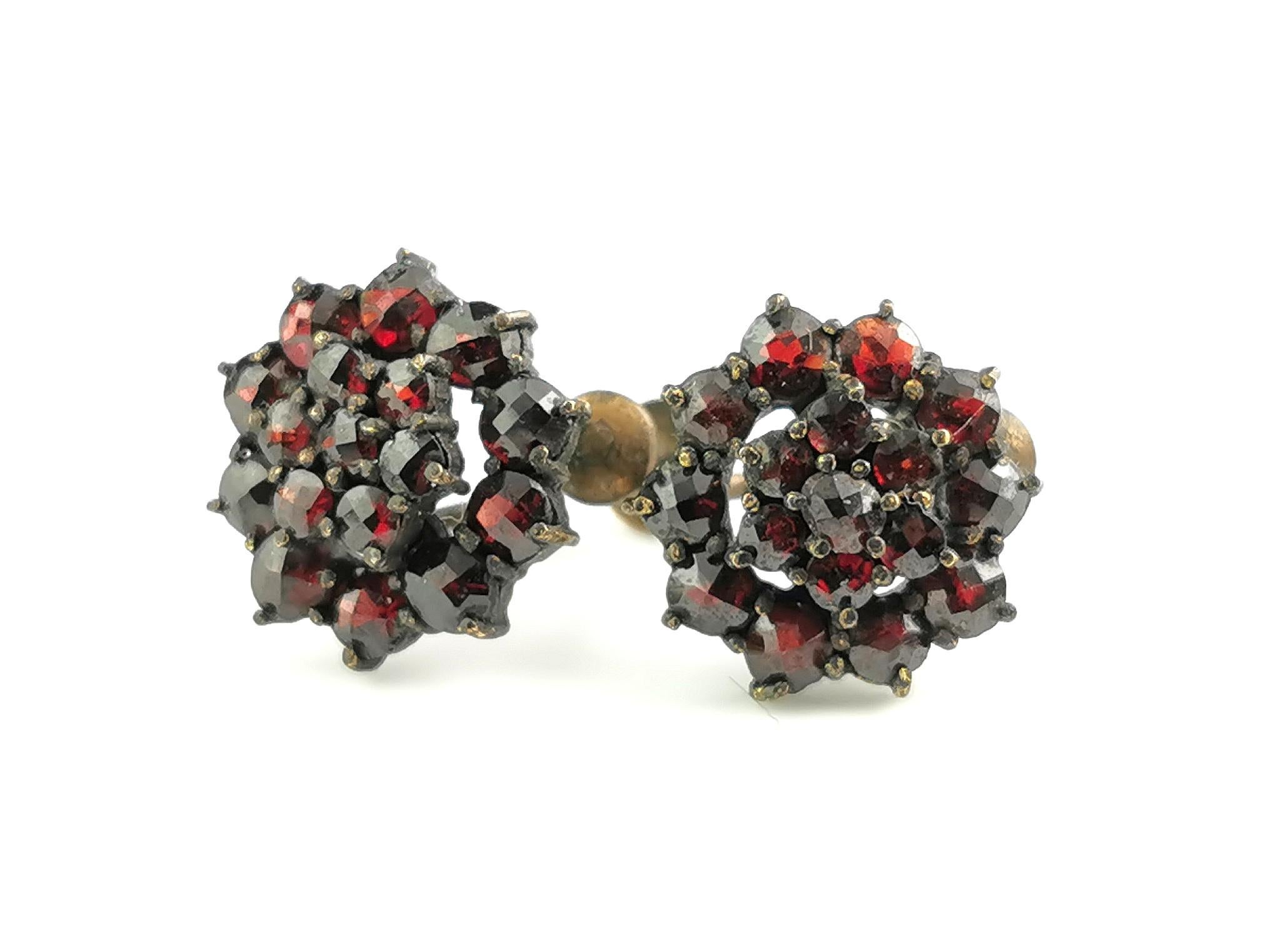 Round Cut Antique Bohemian garnet cluster earrings, screw back, gilt metal