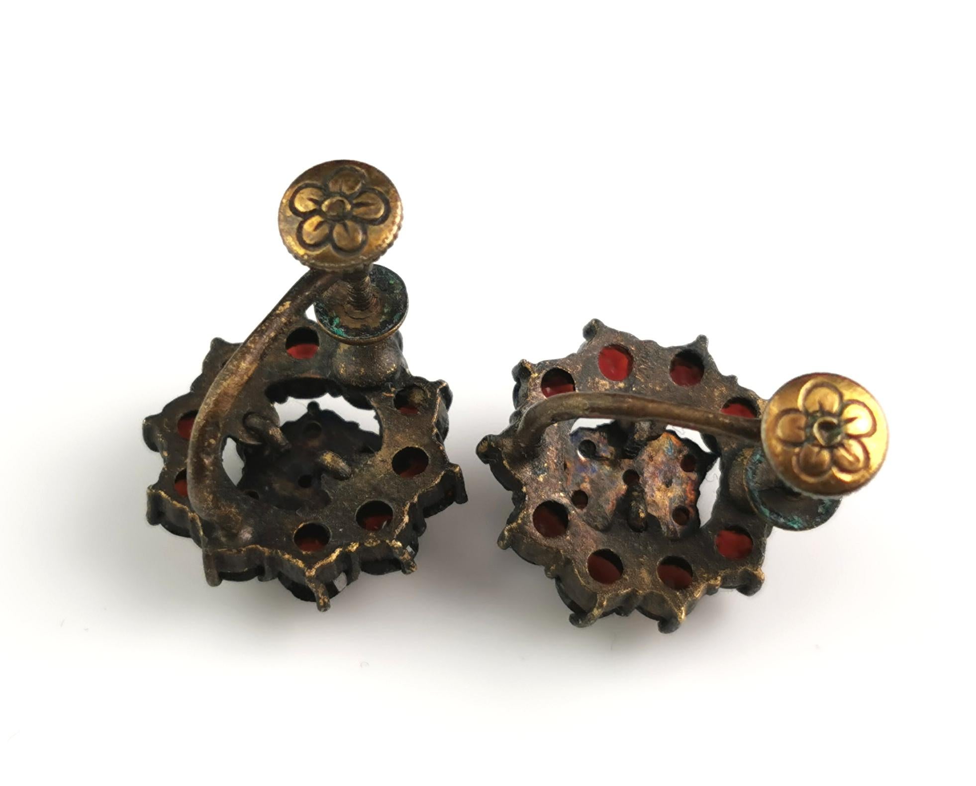 Women's Antique Bohemian garnet cluster earrings, screw back, gilt metal