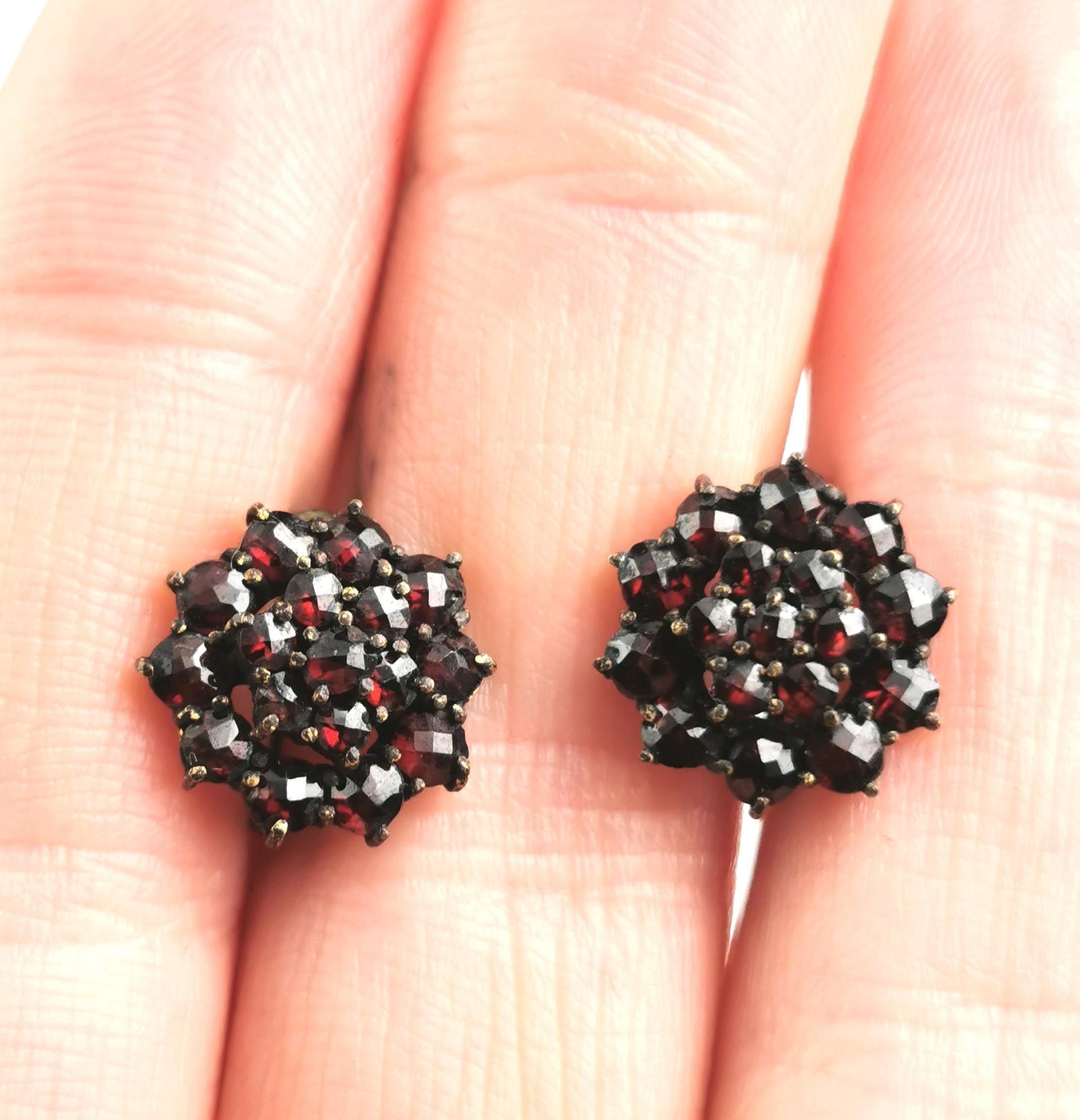 Antique Bohemian garnet cluster earrings, screw back, gilt metal 1