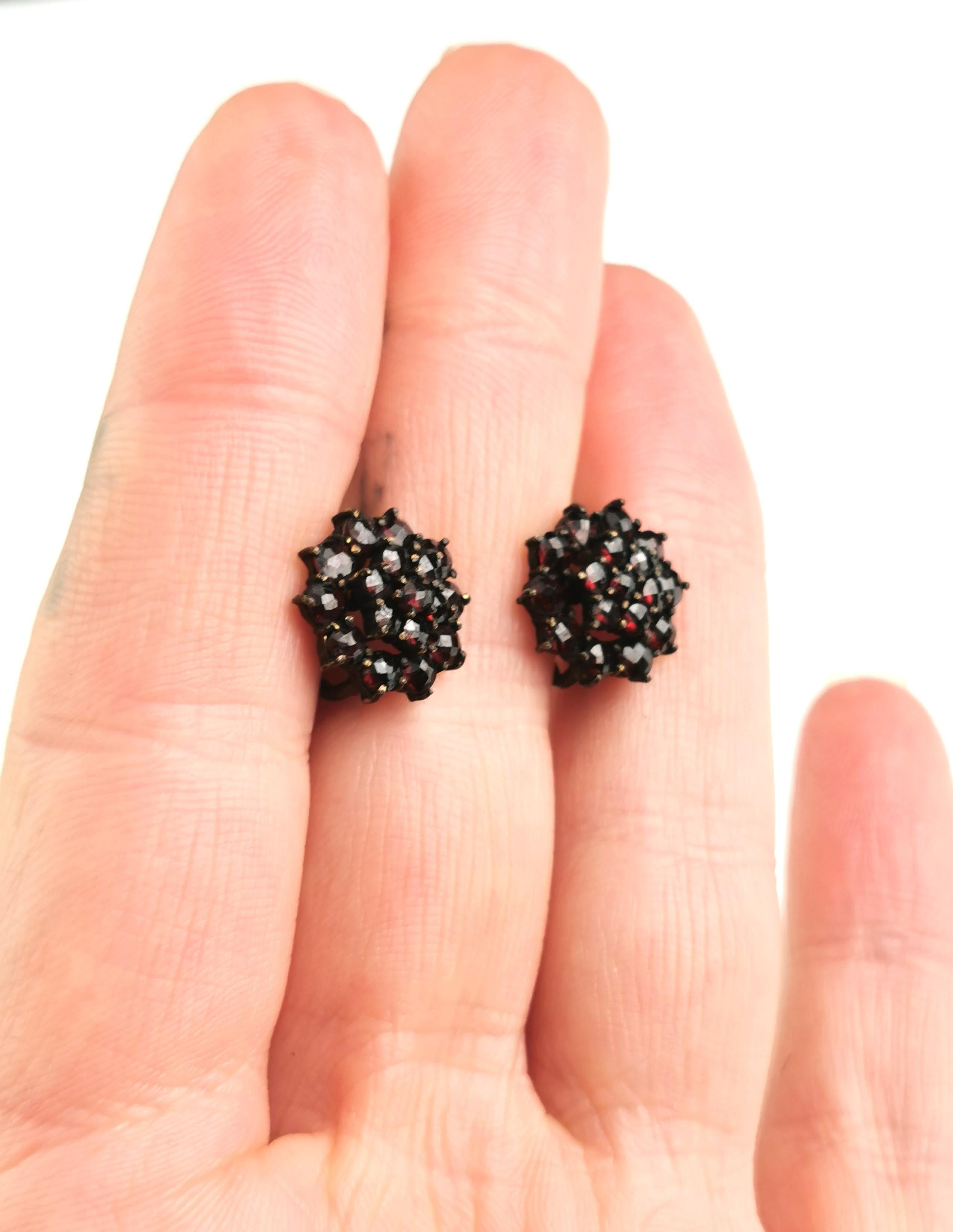 Antique Bohemian garnet cluster earrings, screw back, gilt metal 2