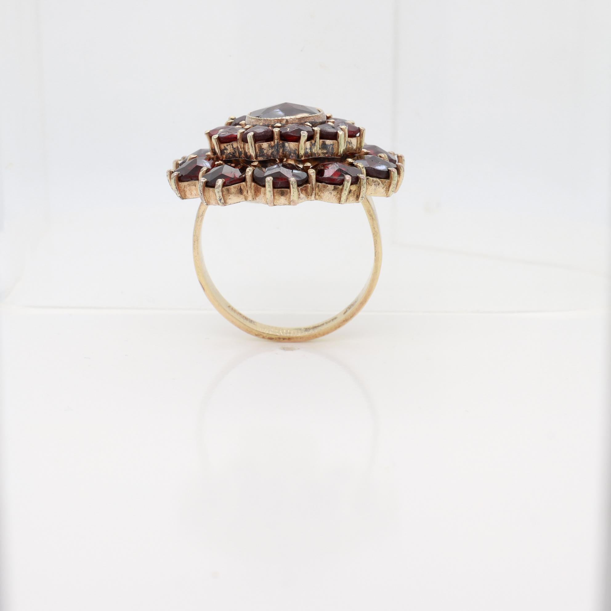 Antique Bohemian Garnet Cluster Snowflake or Flower Ring with a 14K Gold Shank 4