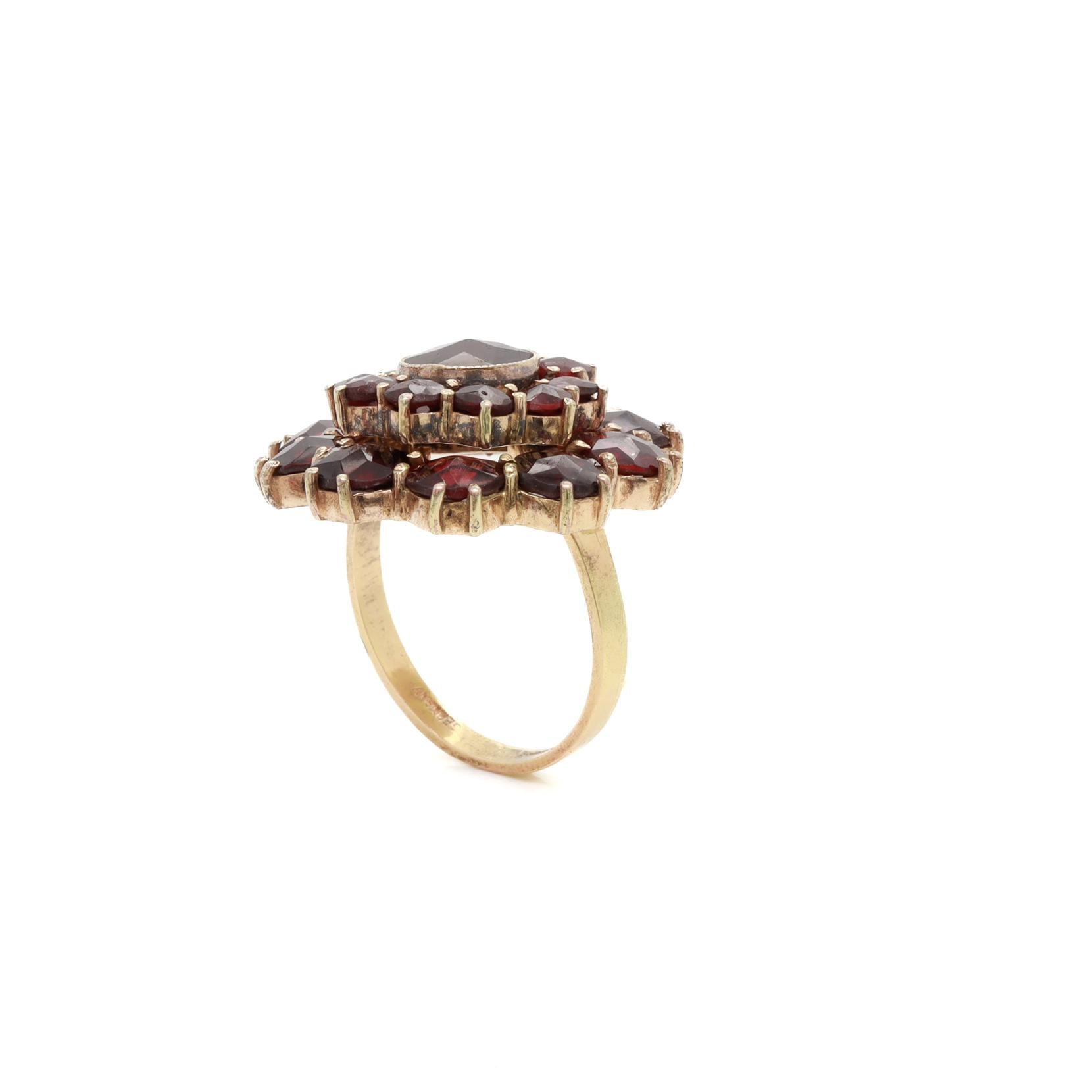Antique Bohemian Garnet Cluster Snowflake or Flower Ring with a 14K Gold Shank 6