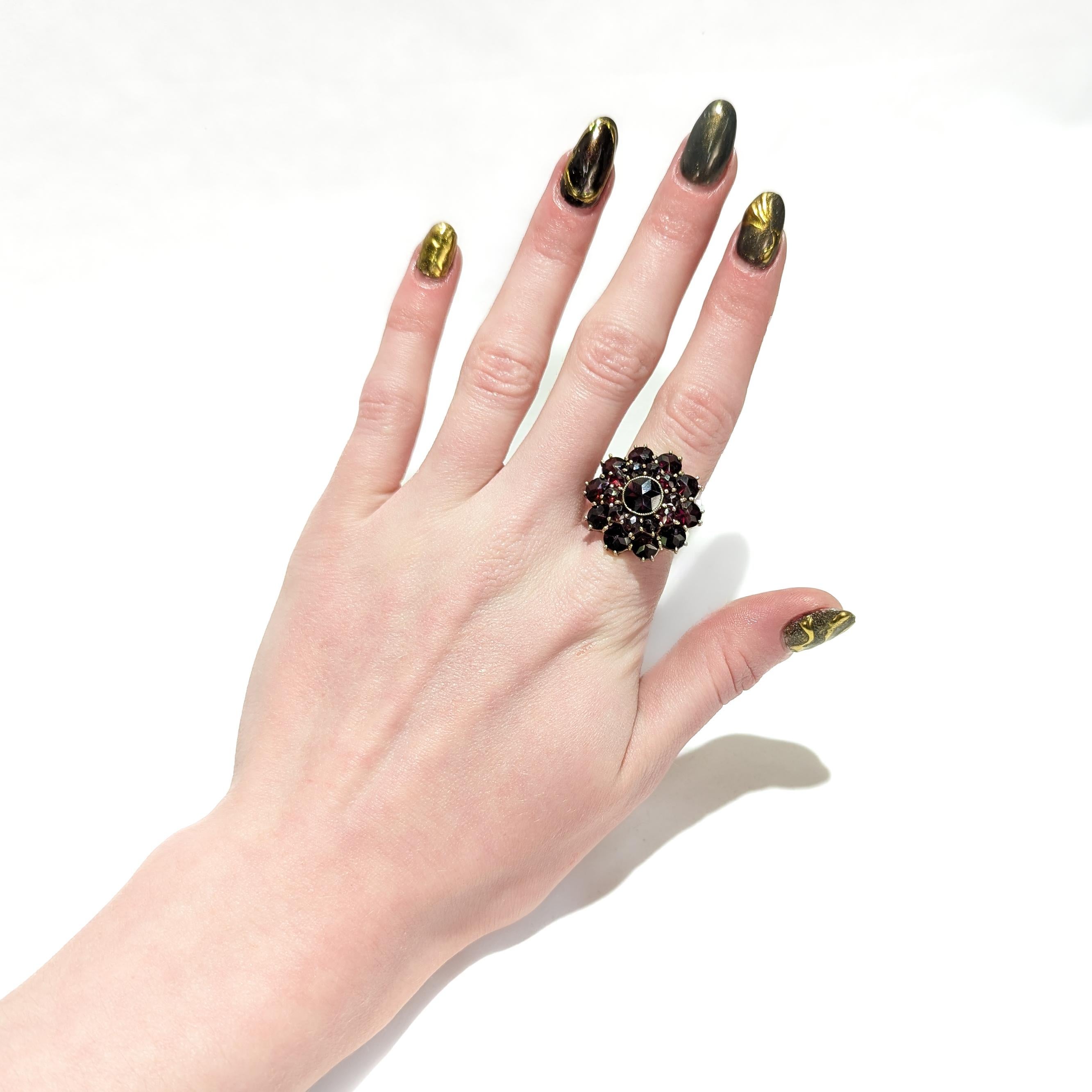Antique Bohemian Garnet Cluster Snowflake or Flower Ring with a 14K Gold Shank 7