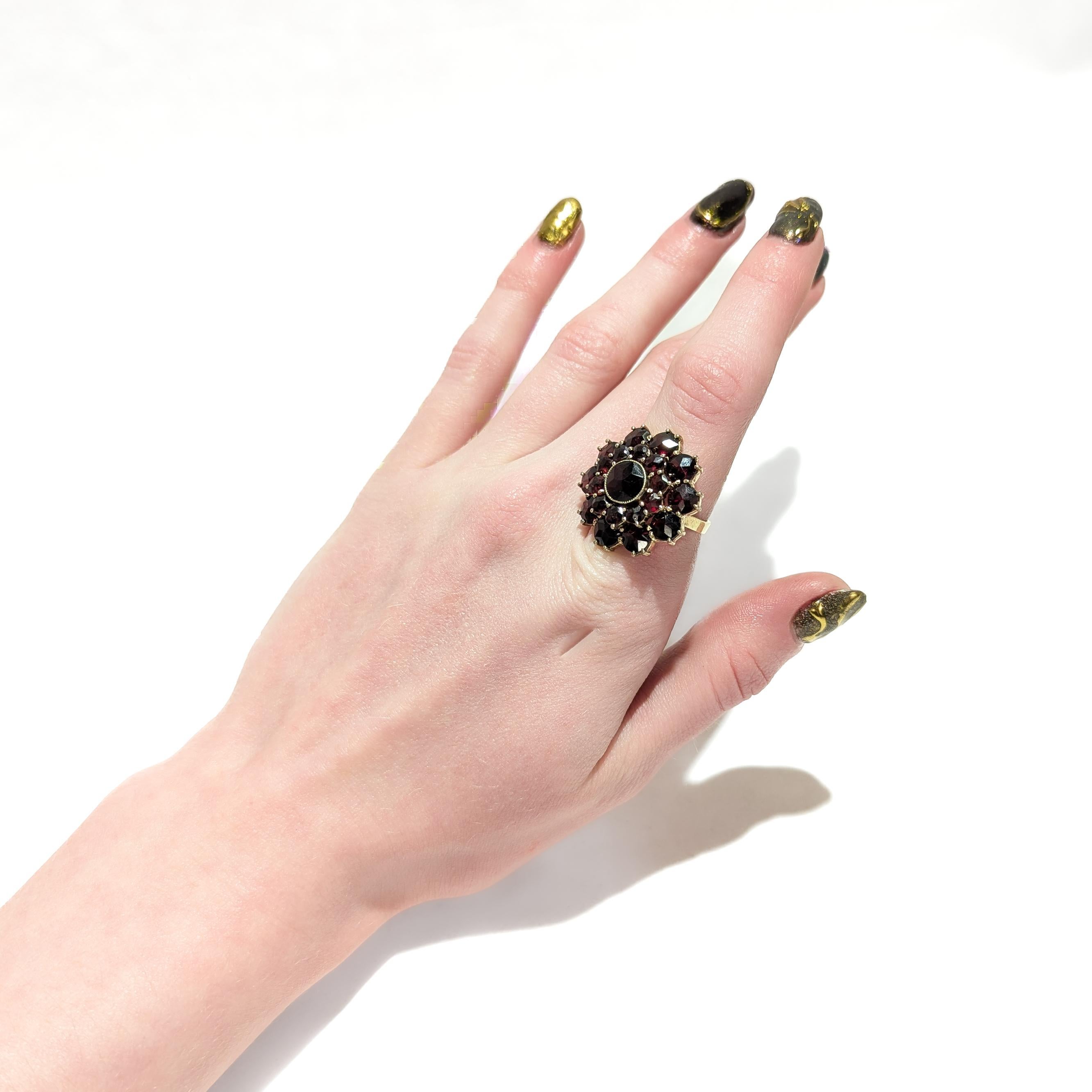 Antique Bohemian Garnet Cluster Snowflake or Flower Ring with a 14K Gold Shank 8