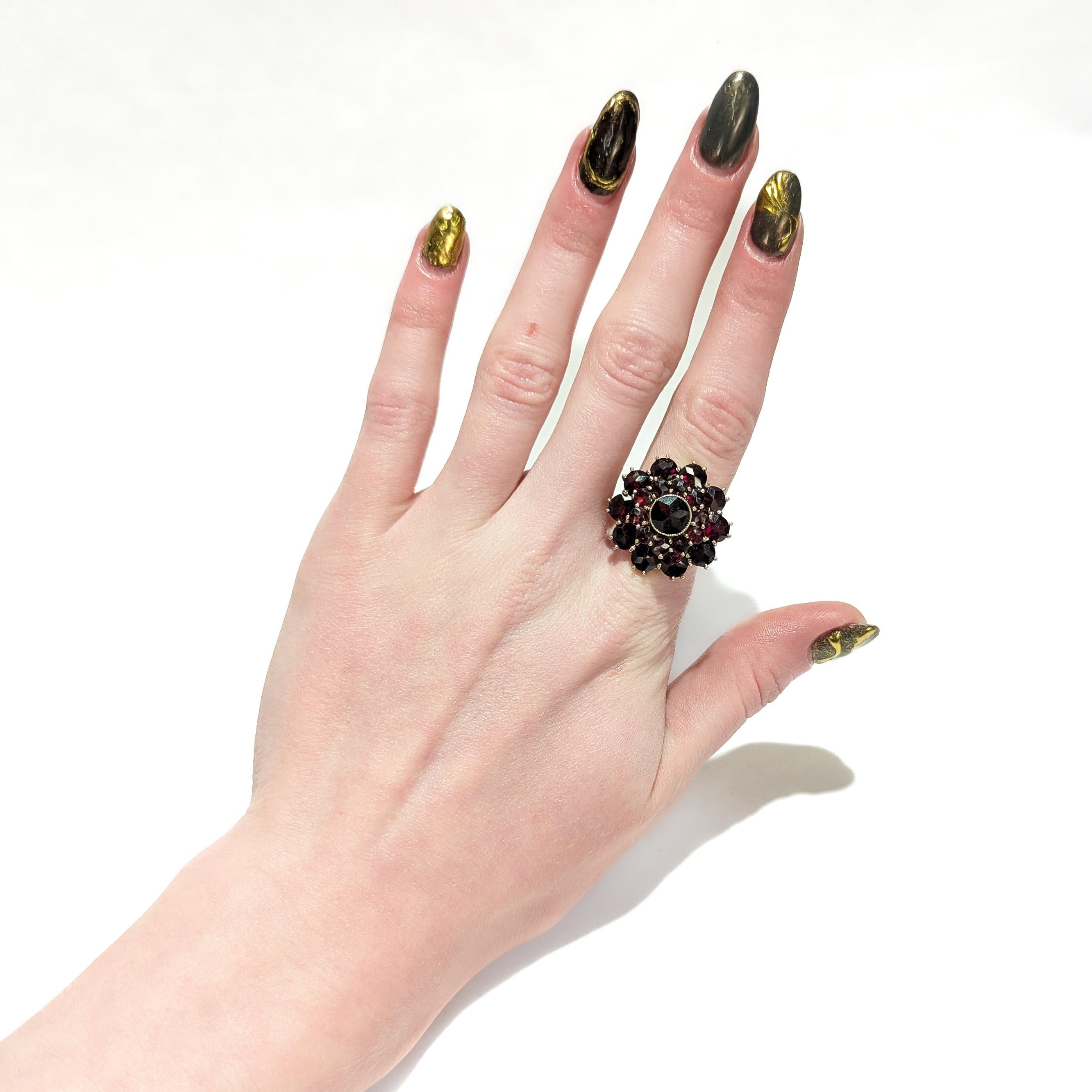 Gothic Revival Antique Bohemian Garnet Cluster Snowflake or Flower Ring with a 14K Gold Shank