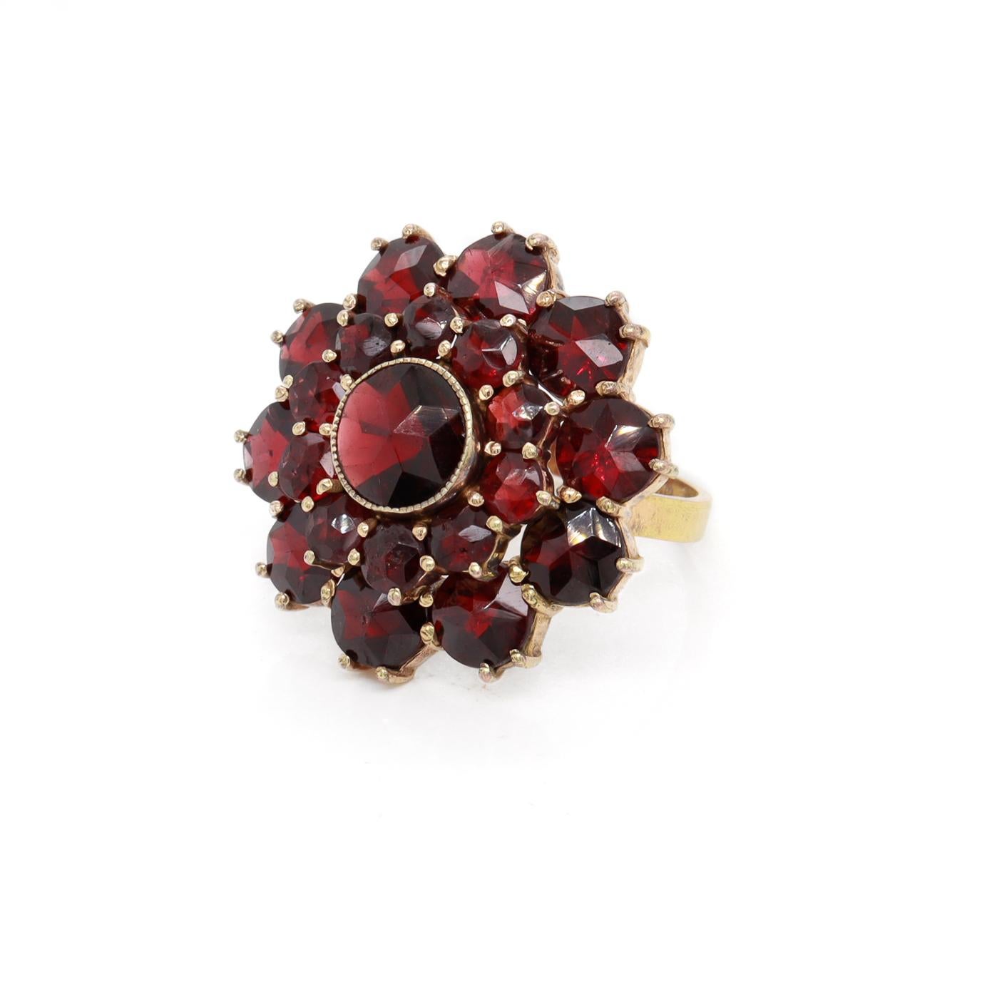 Rose Cut Antique Bohemian Garnet Cluster Snowflake or Flower Ring with a 14K Gold Shank