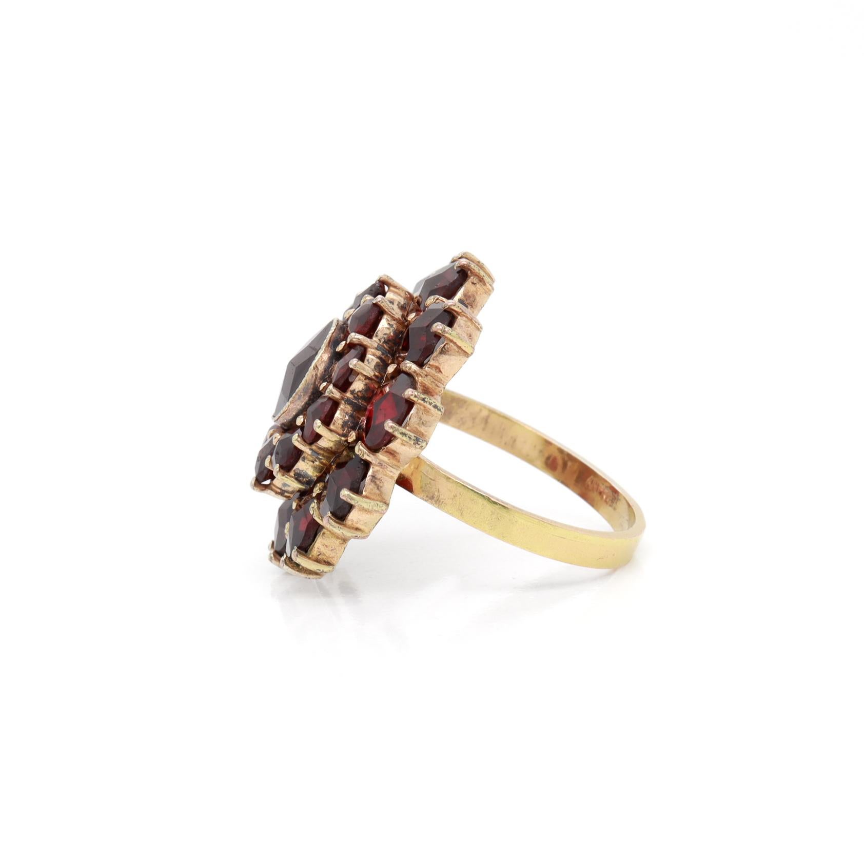 Antique Bohemian Garnet Cluster Snowflake or Flower Ring with a 14K Gold Shank In Good Condition In Philadelphia, PA